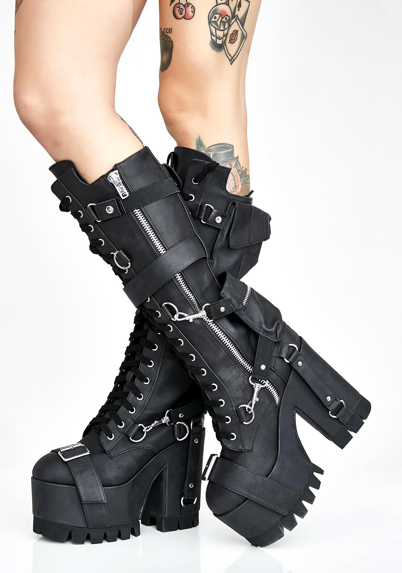 Club Exx Black Knee High Platform Buckled Boots | Dolls Kill