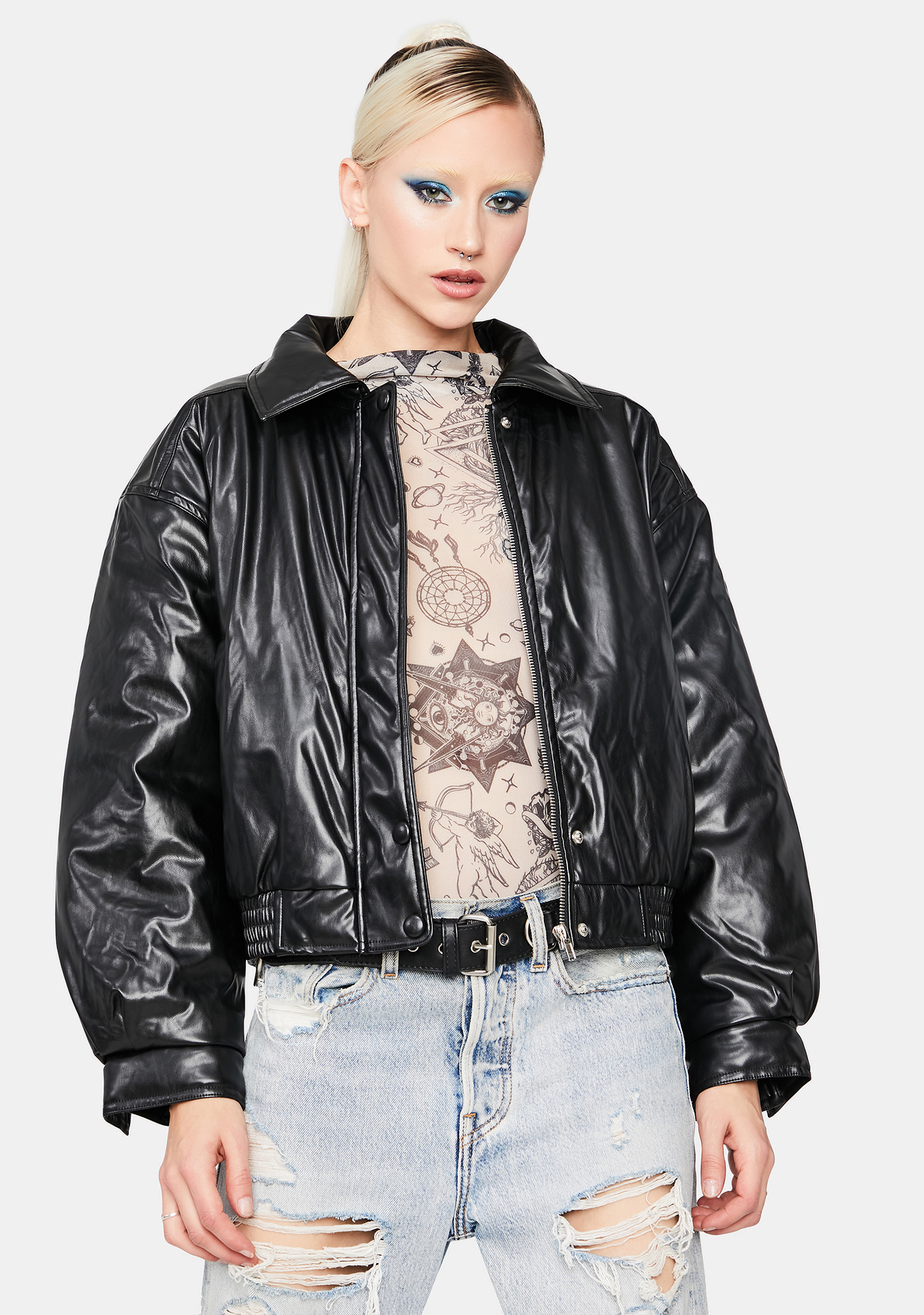 Collared Button Up Bomber Jacket Black Vegan Leather Dolls Kill
