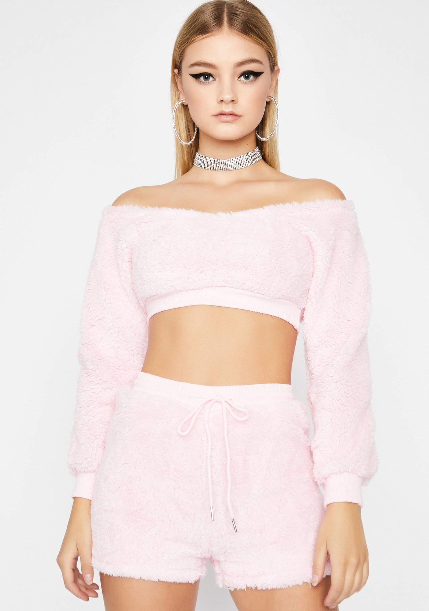 Pink Fuzzy Off Shoulder Crop Top Drawstring Shorts Set | Dolls Kill