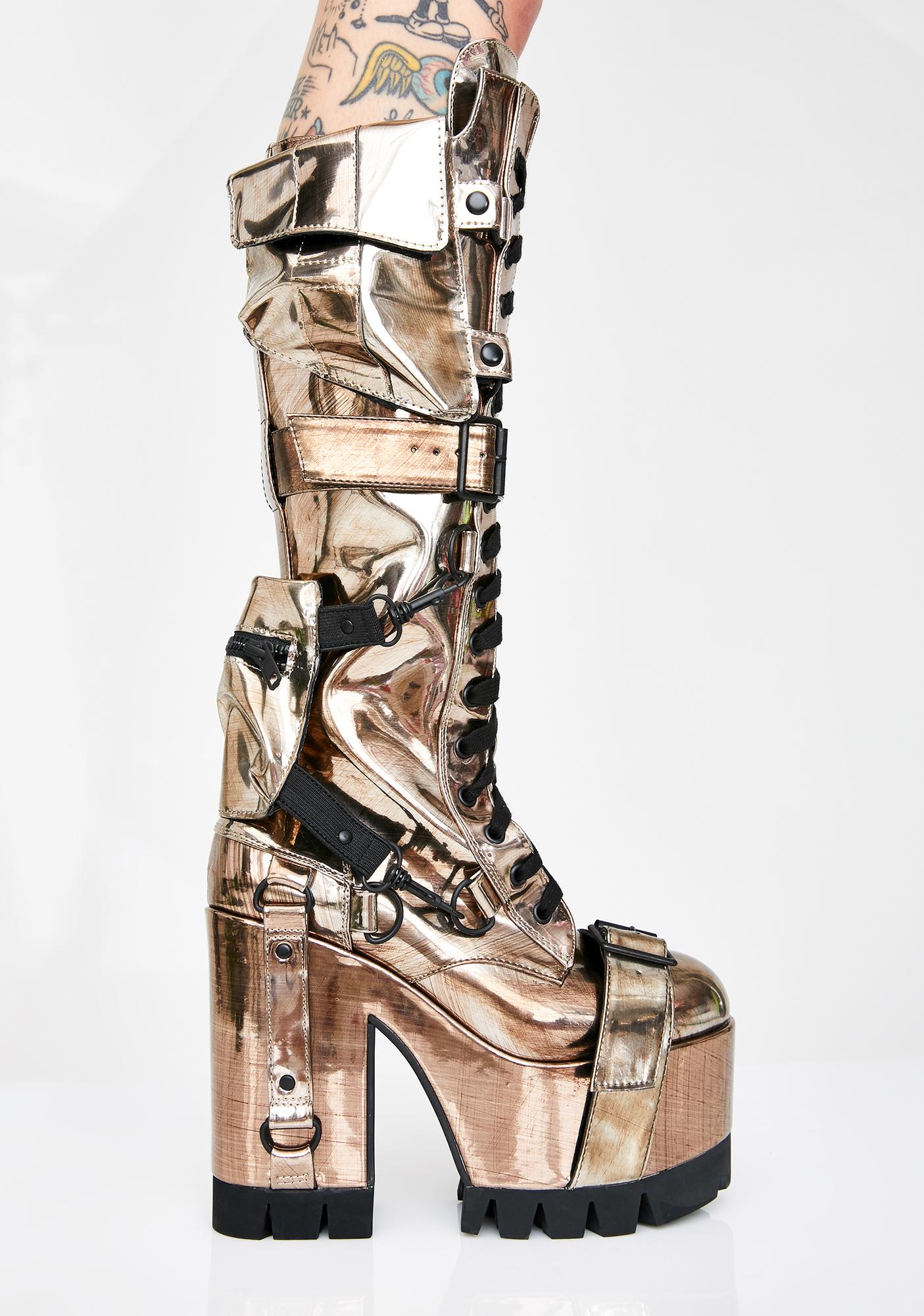 Club Exx Bronze Knee High Platform Buckled Boots Dolls Kill