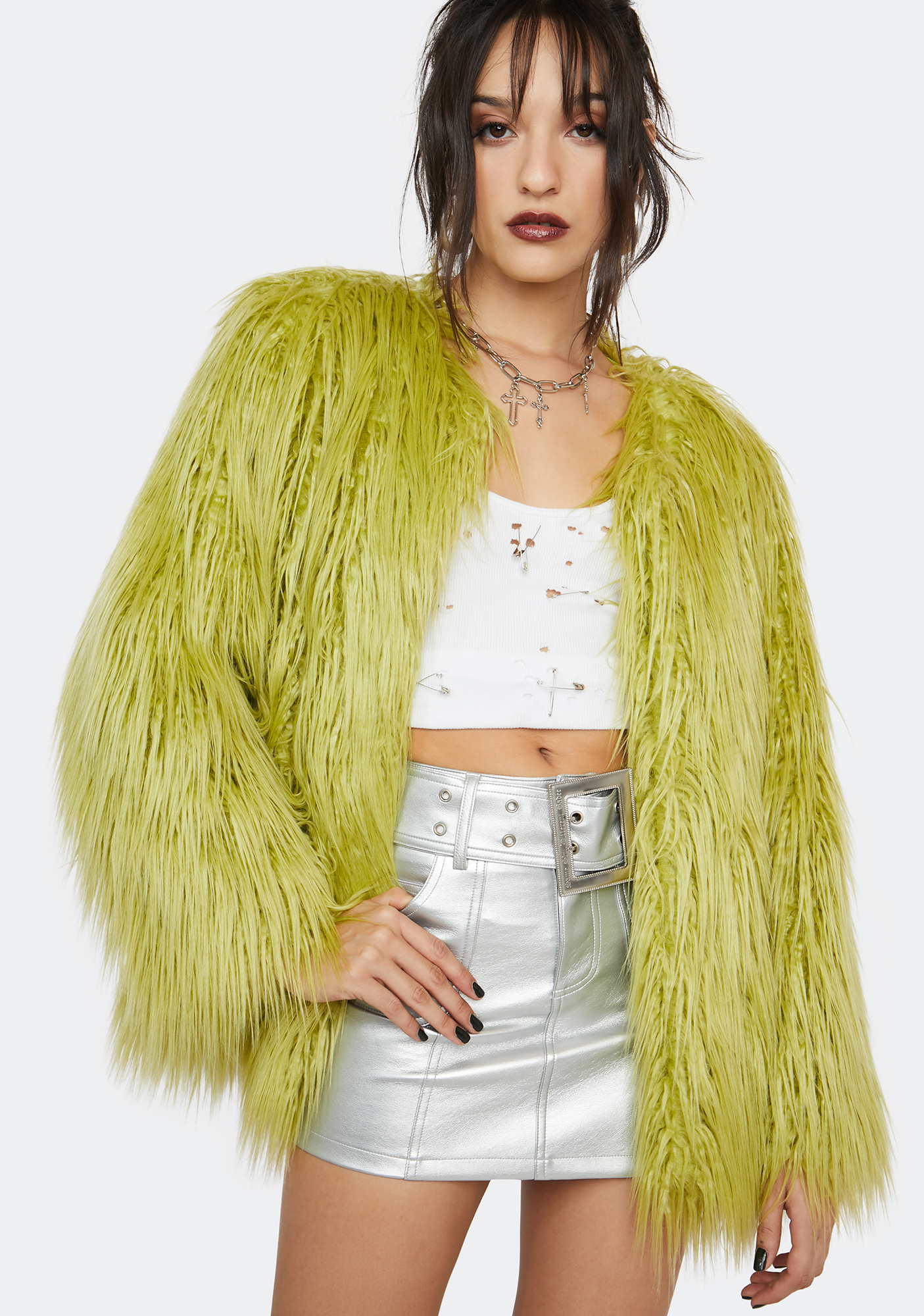 Badee Shaggy Faux Fur Jacket - Lime Green | Dolls Kill