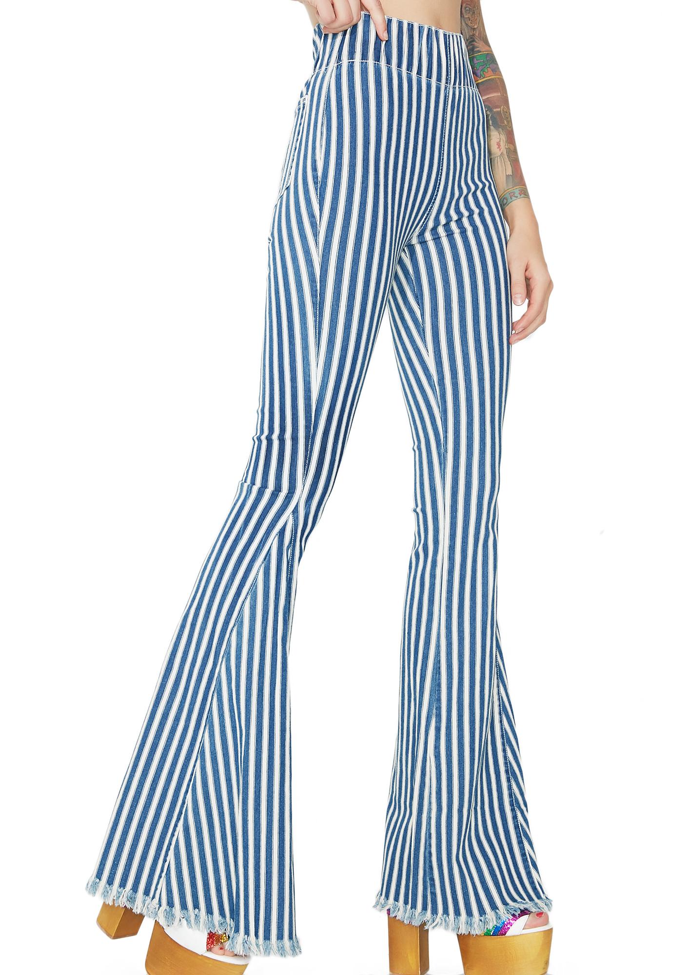 blue and white striped flare jeans
