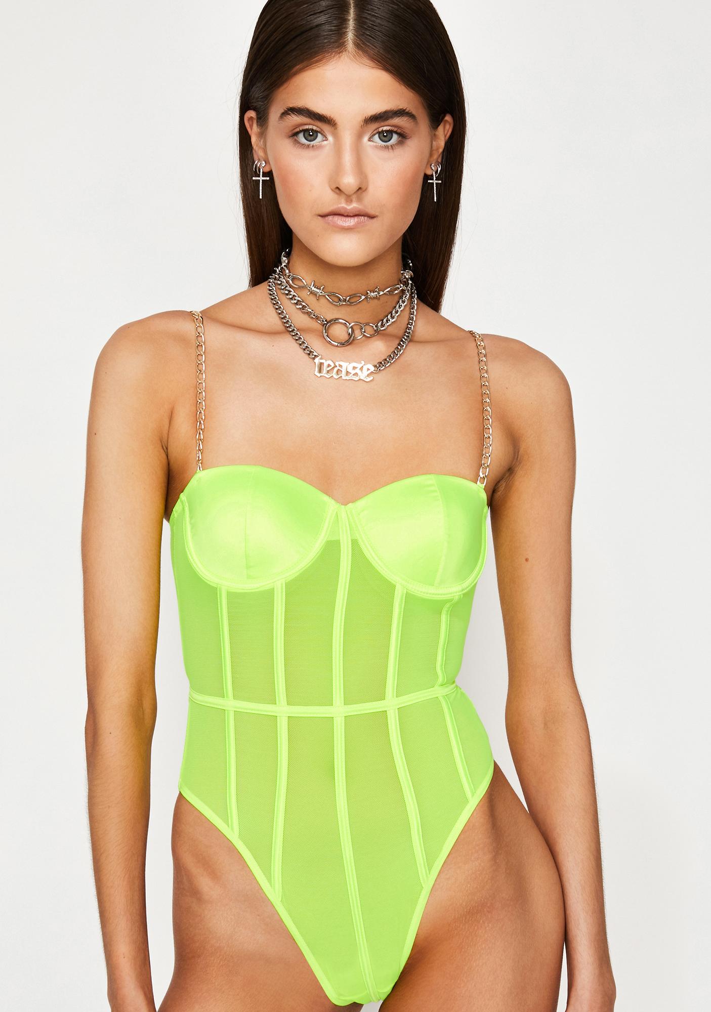 Chain Strap Caged Neon Green Mesh Bodysuit Dolls Kill