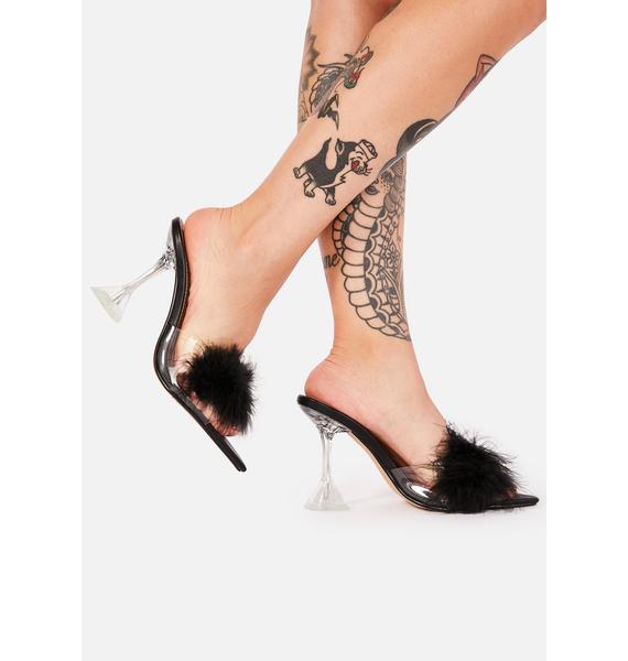 Fluffy Marabou Flare Heel Mules - Black | Dolls Kill