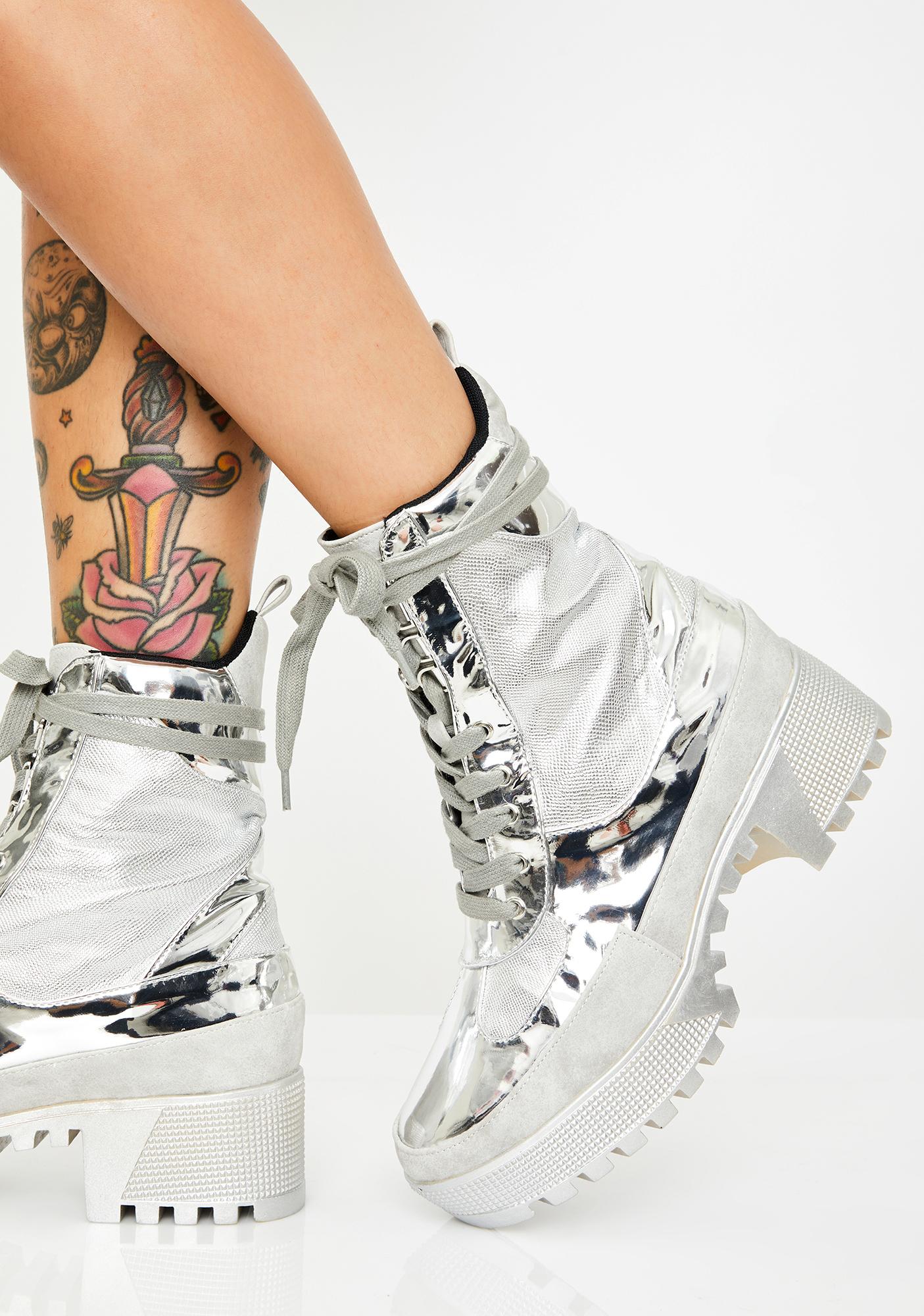 Silver Metallic Patent Leather Lace Up Combat Boots Dolls Kill 6449