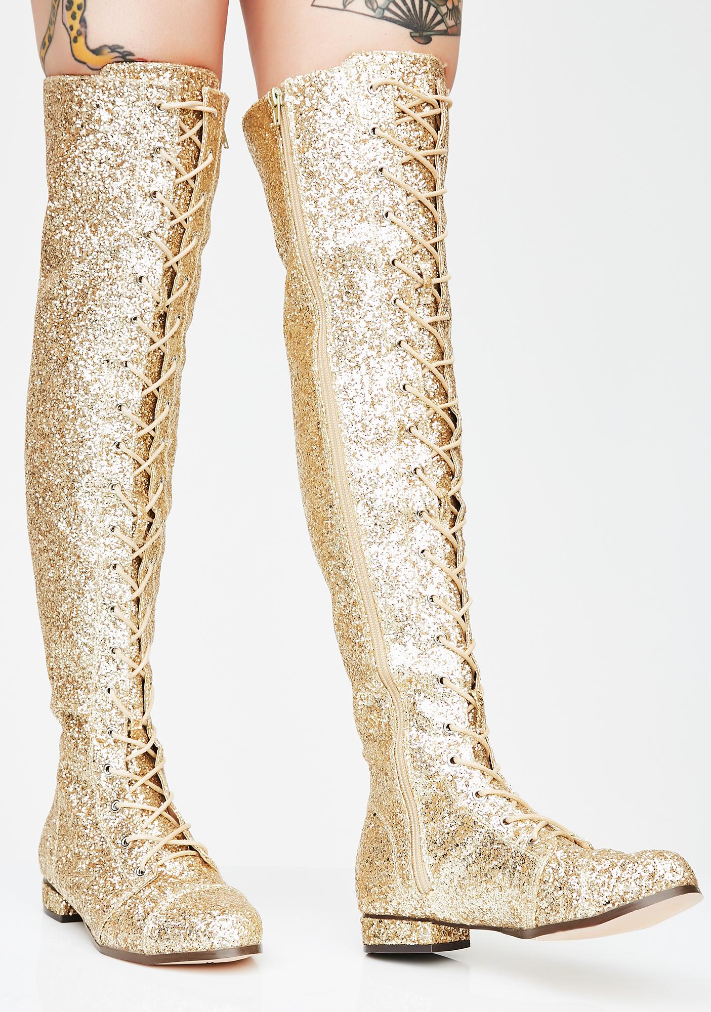gold glitter knee high boots