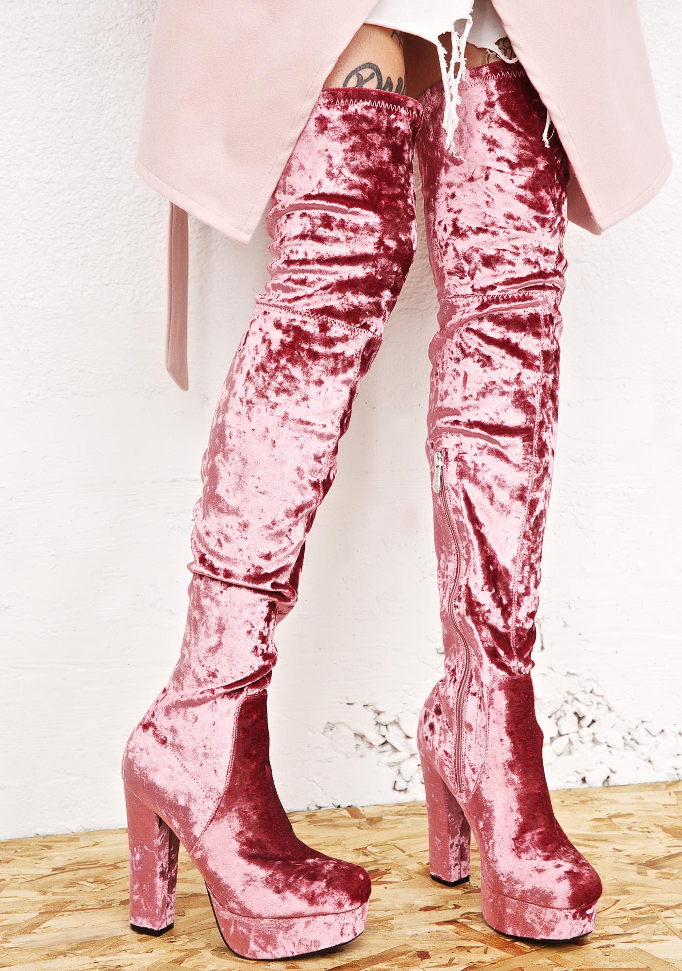 Pink Velvet Thigh High Boots Dolls Kill