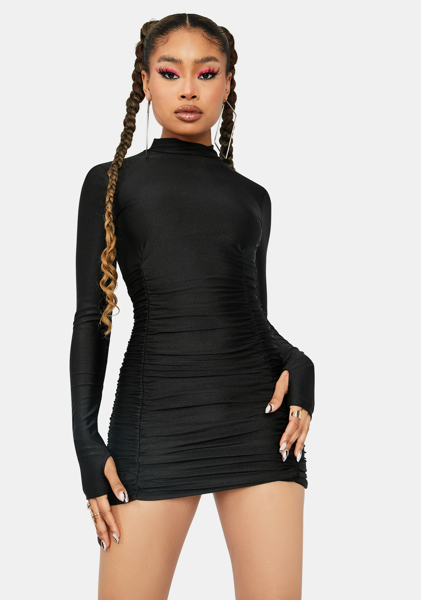 black long sleeve mock neck dress