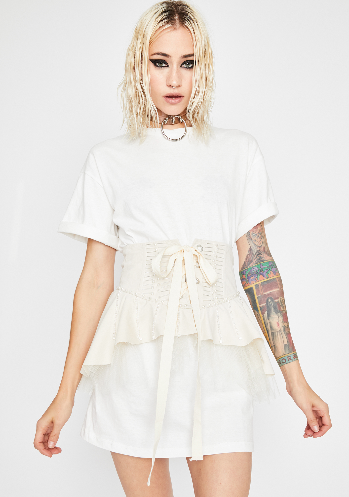 white t shirt dress with black corset