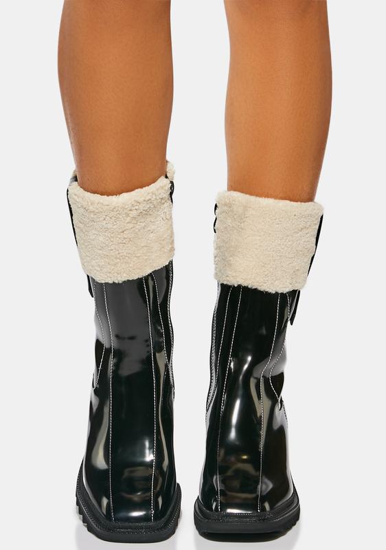 AZALEA WANG Patent Vegan Leather Sherpa Cuff Ankle Boots | Dolls Kill