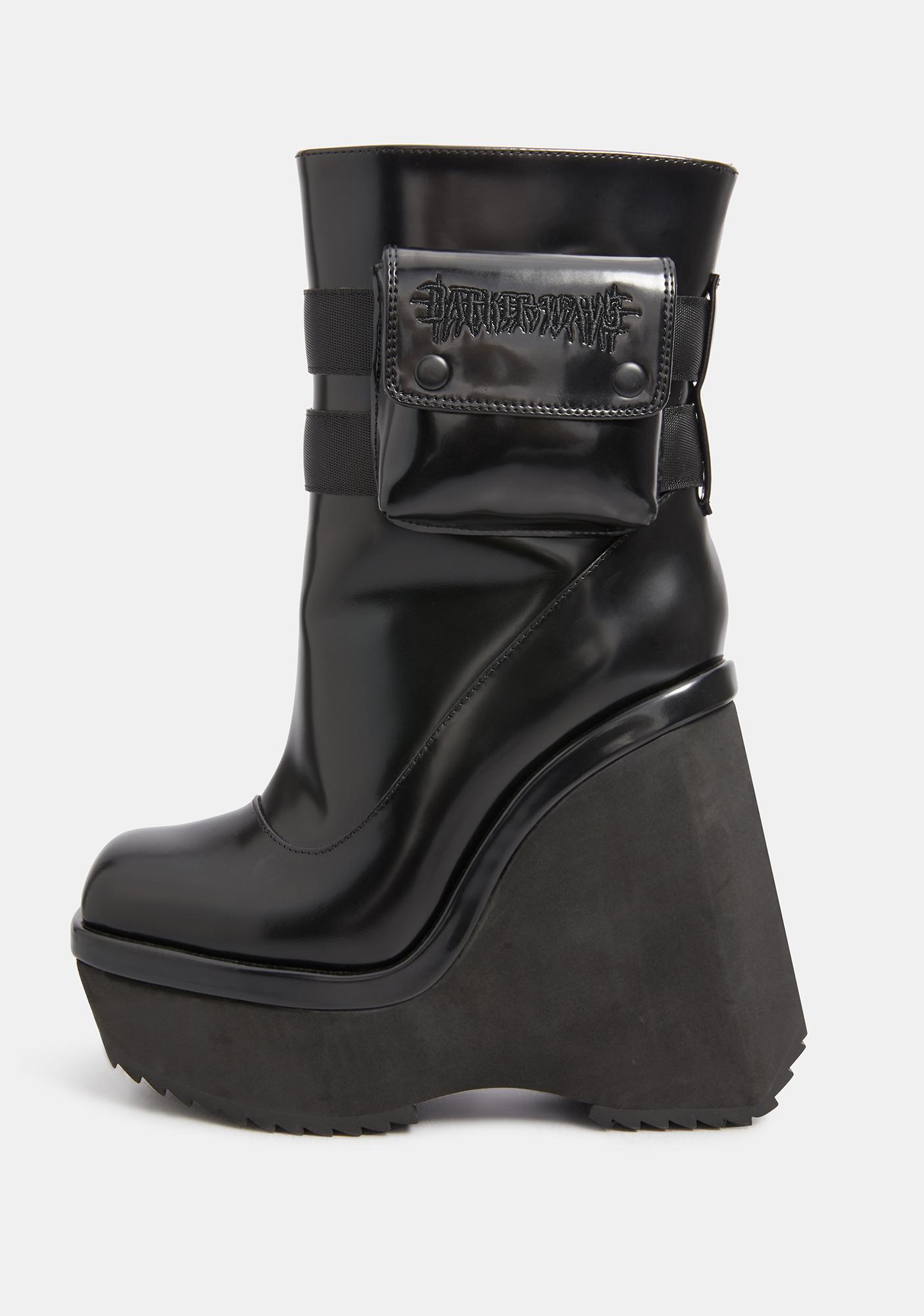 Darker Wavs Leather Pocket Platform Wedge Boots Black Dolls Kill