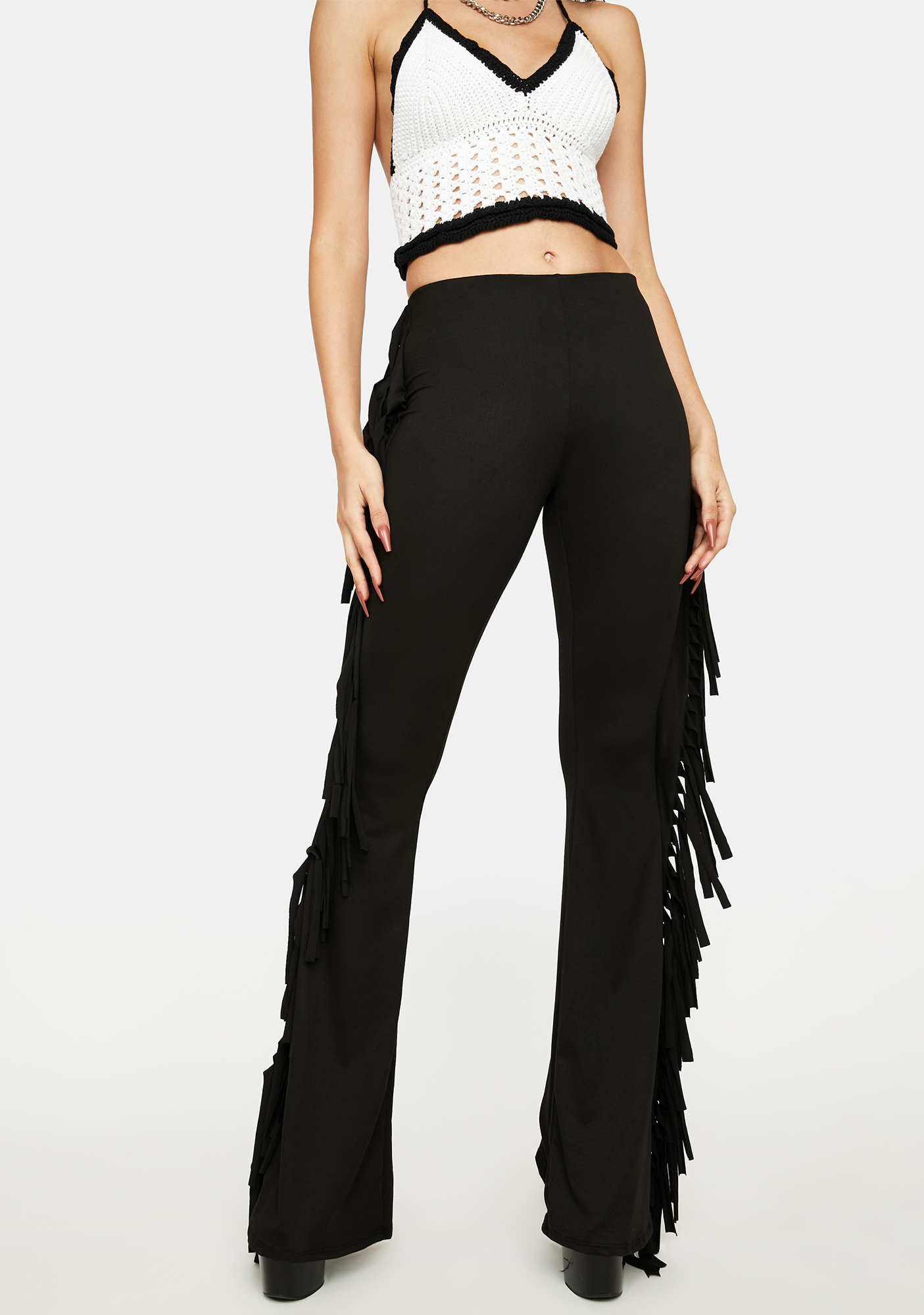 Fringe Mid Waist Flared Pants Black Dolls Kill