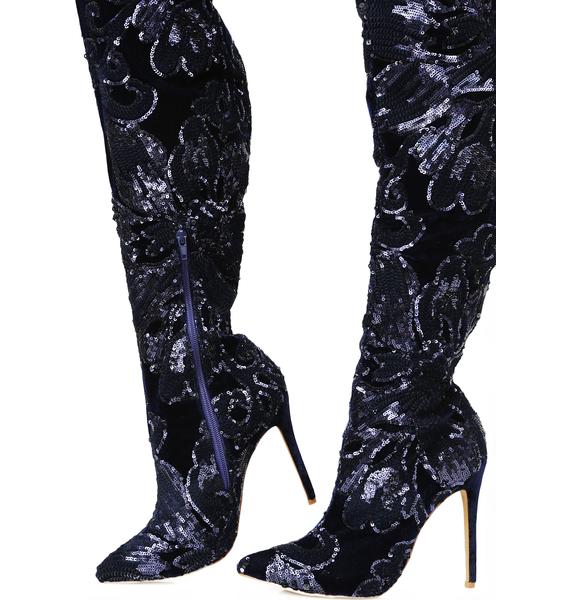 Sequin Thigh High Navy Blue Boots | Dolls Kill