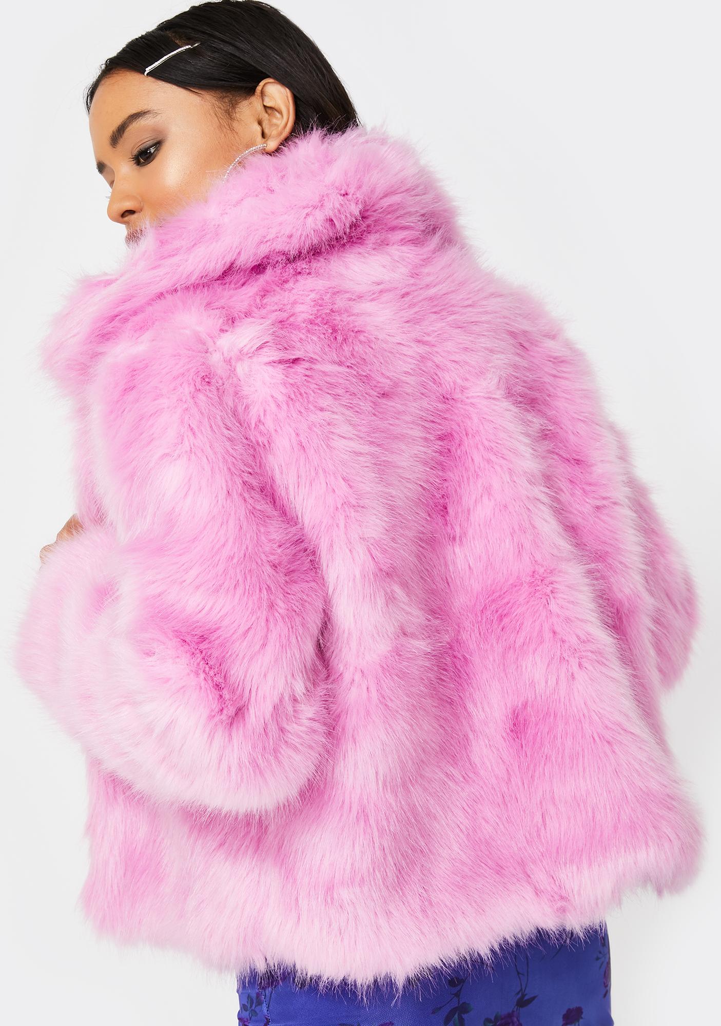 pink hooded faux fur coat