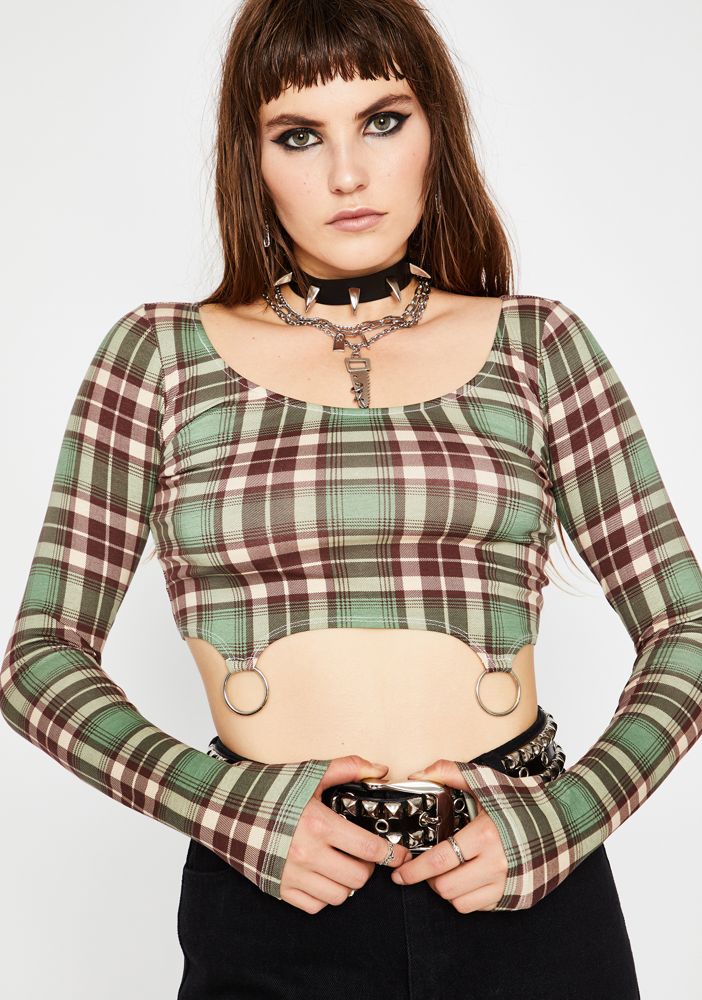Current Mood Plaid ORing Long Sleeve Crop Top Dolls Kill