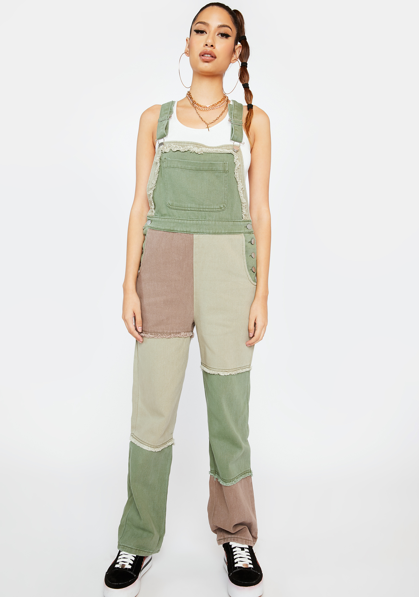 Patchwork Denim Overalls Olive Multi Dolls Kill