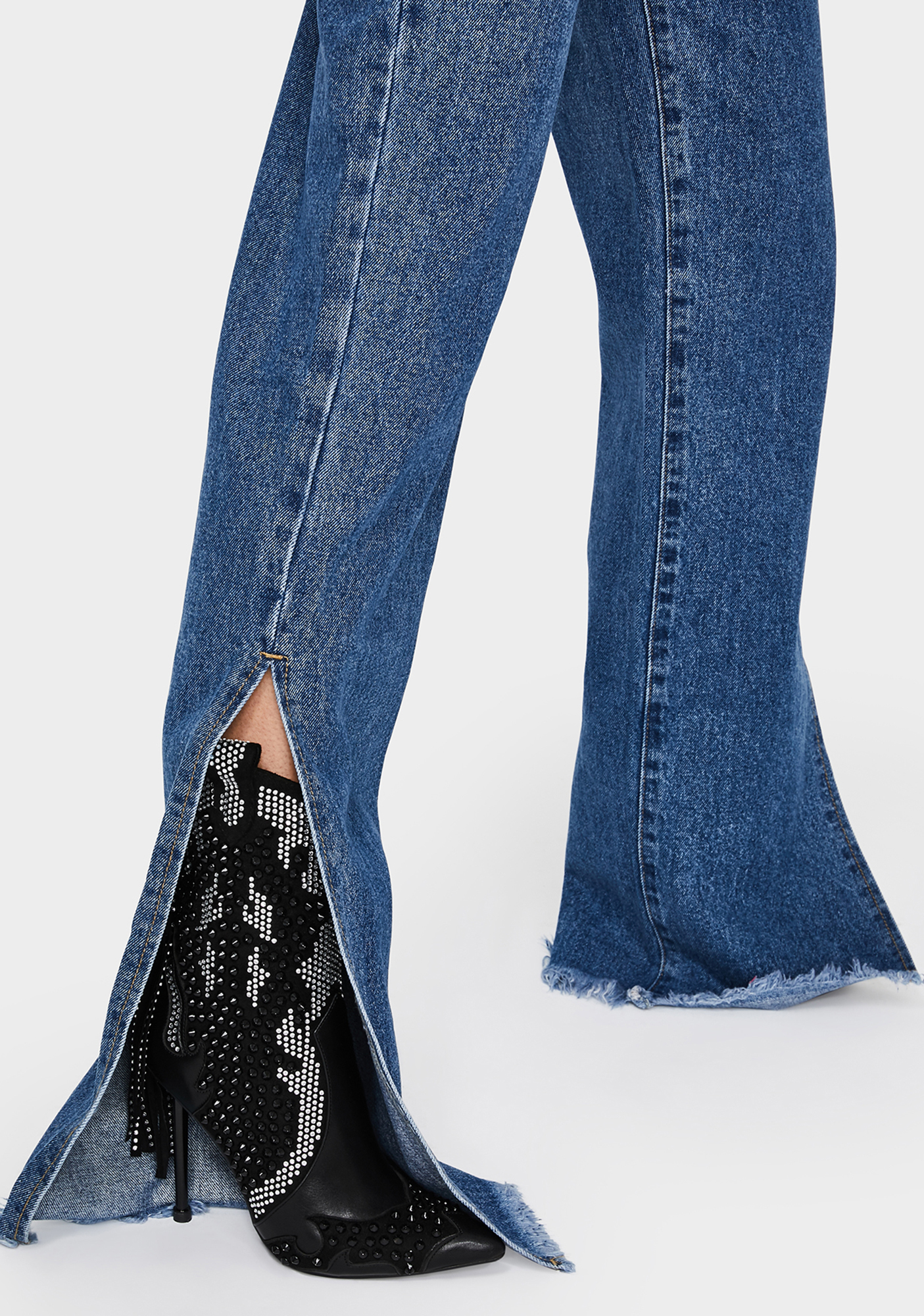 Momokrom Mid Blue Wide Leg Split Hem Jeans | Dolls Kill