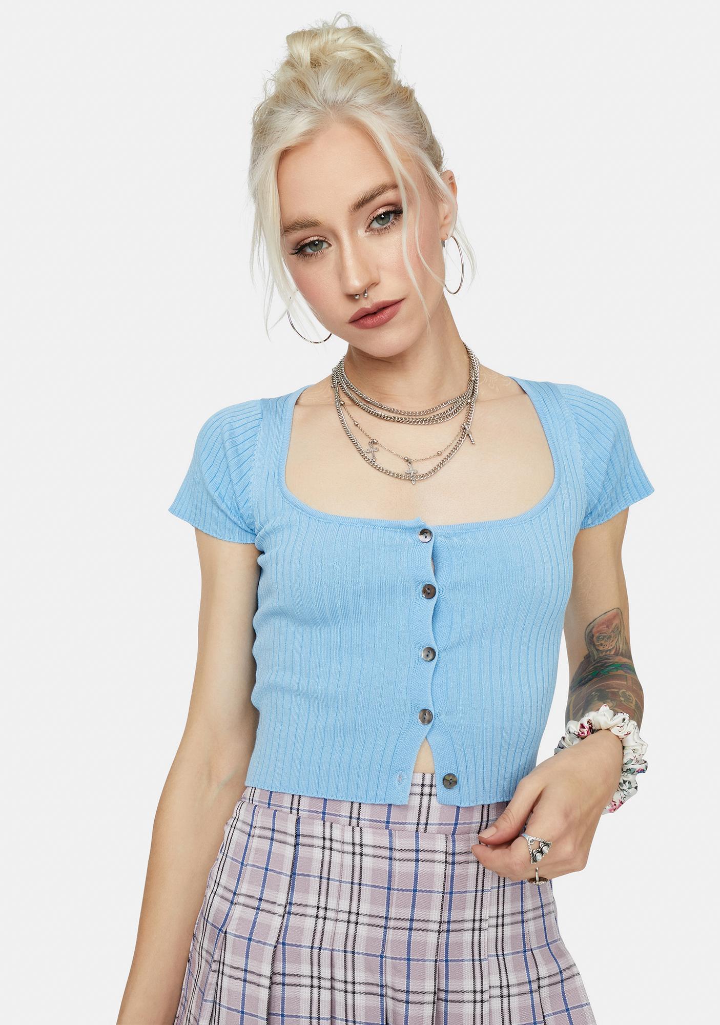 Knit Ribbed Short Sleeve Button Down Crop Top - Blue | Dolls Kill