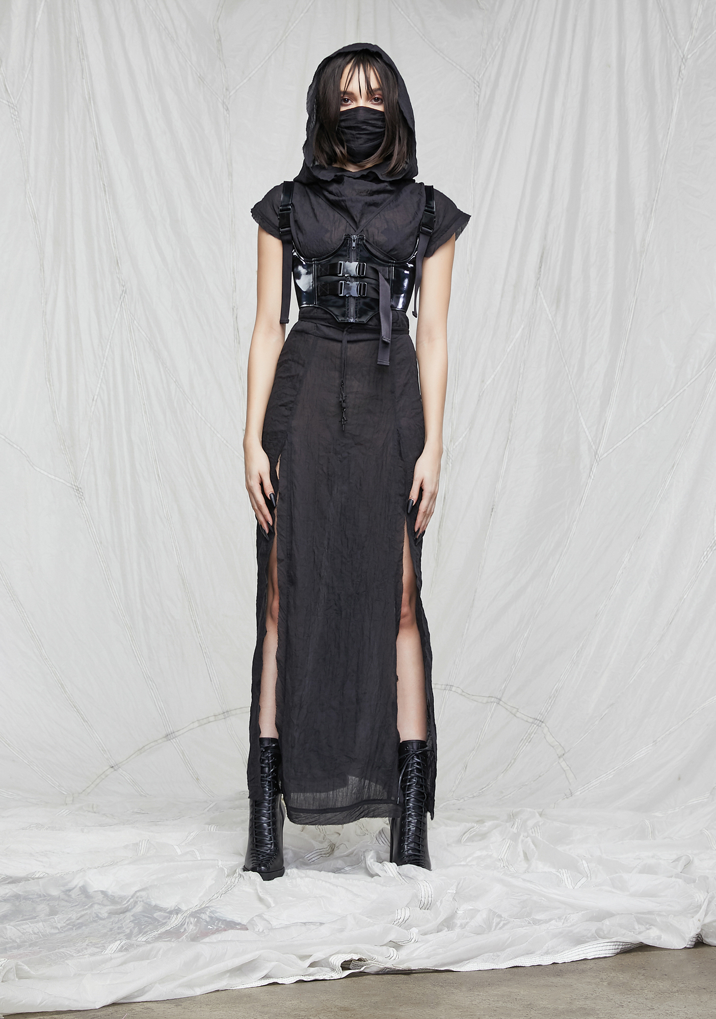 Darker Wavs Gauze Hooded Tunic Dress And Face Mask Set Black Dolls Kill