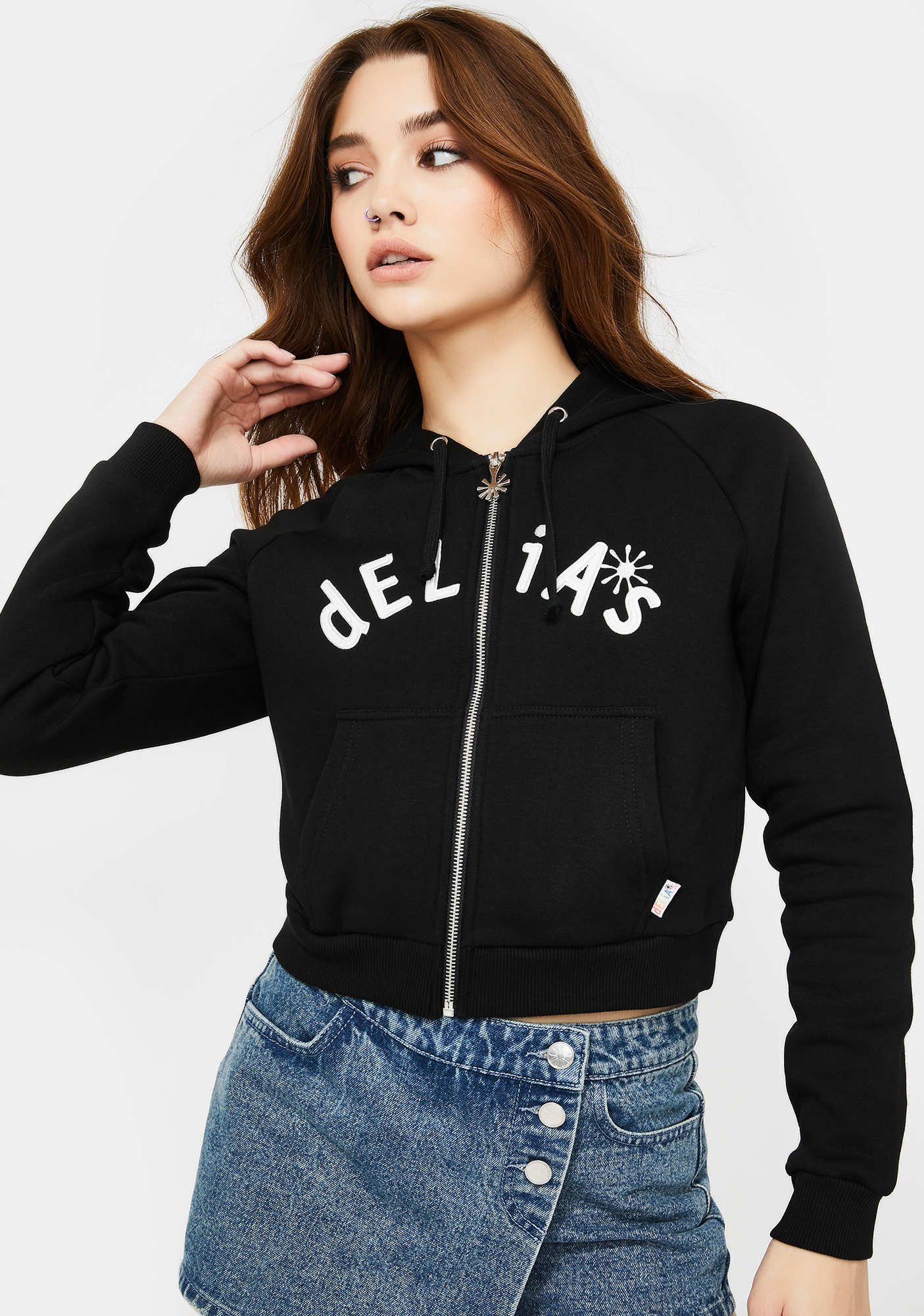 delias graphic zip up hoodie black Dolls Kill