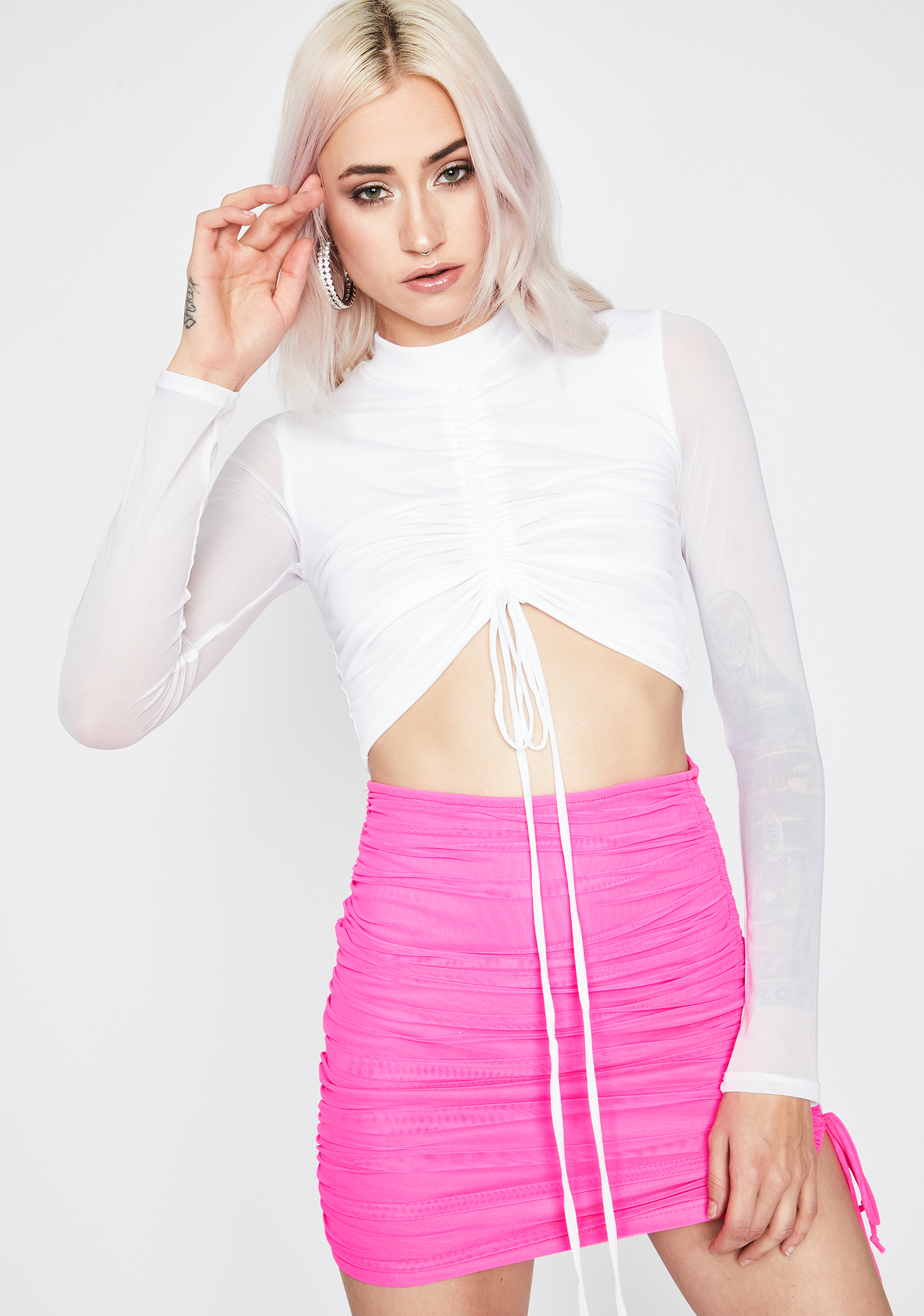 Ruched Long Sheer Sleeve Mock Neck Crop Top - White | Dolls Kill