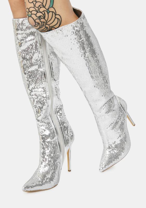 silver sequin thigh high boots