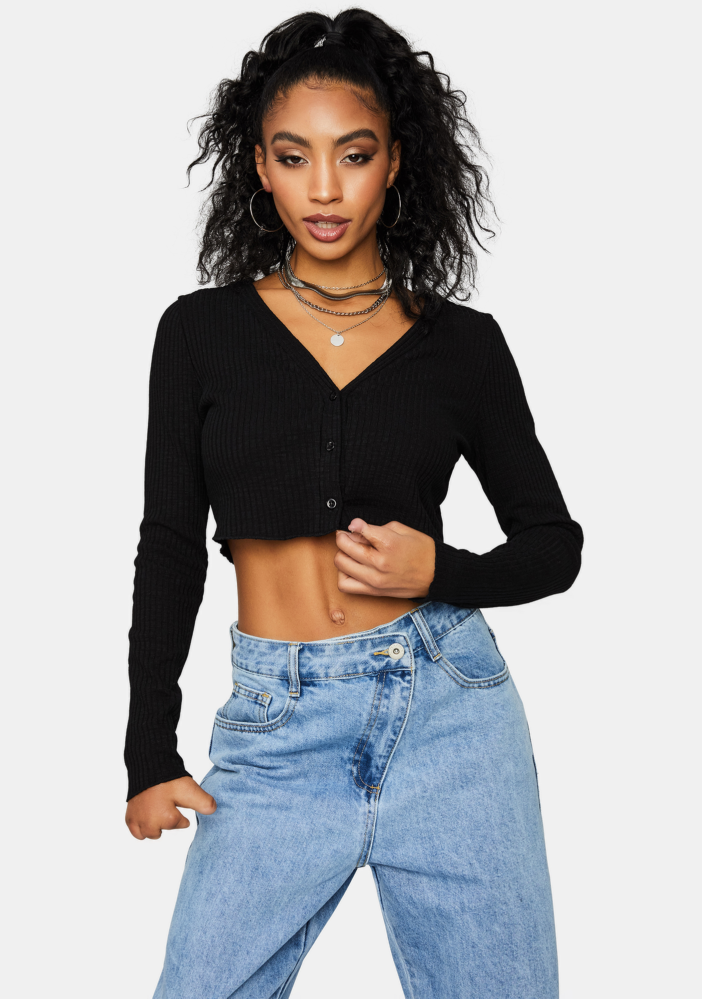 Ribbed Button Down Cropped Long Sleeve Top - Black | Dolls Kill