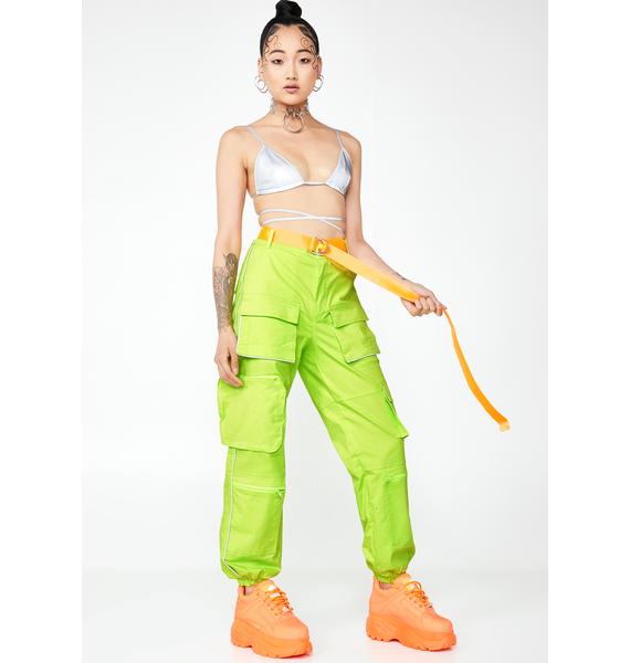 neon green and black cargo pants