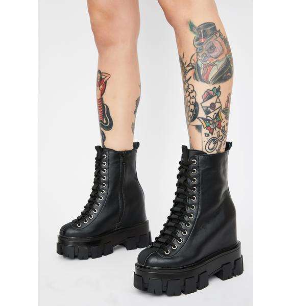 Wedge Combat Lace Up Chunky Platform Boots - Black Vegan Leather ...
