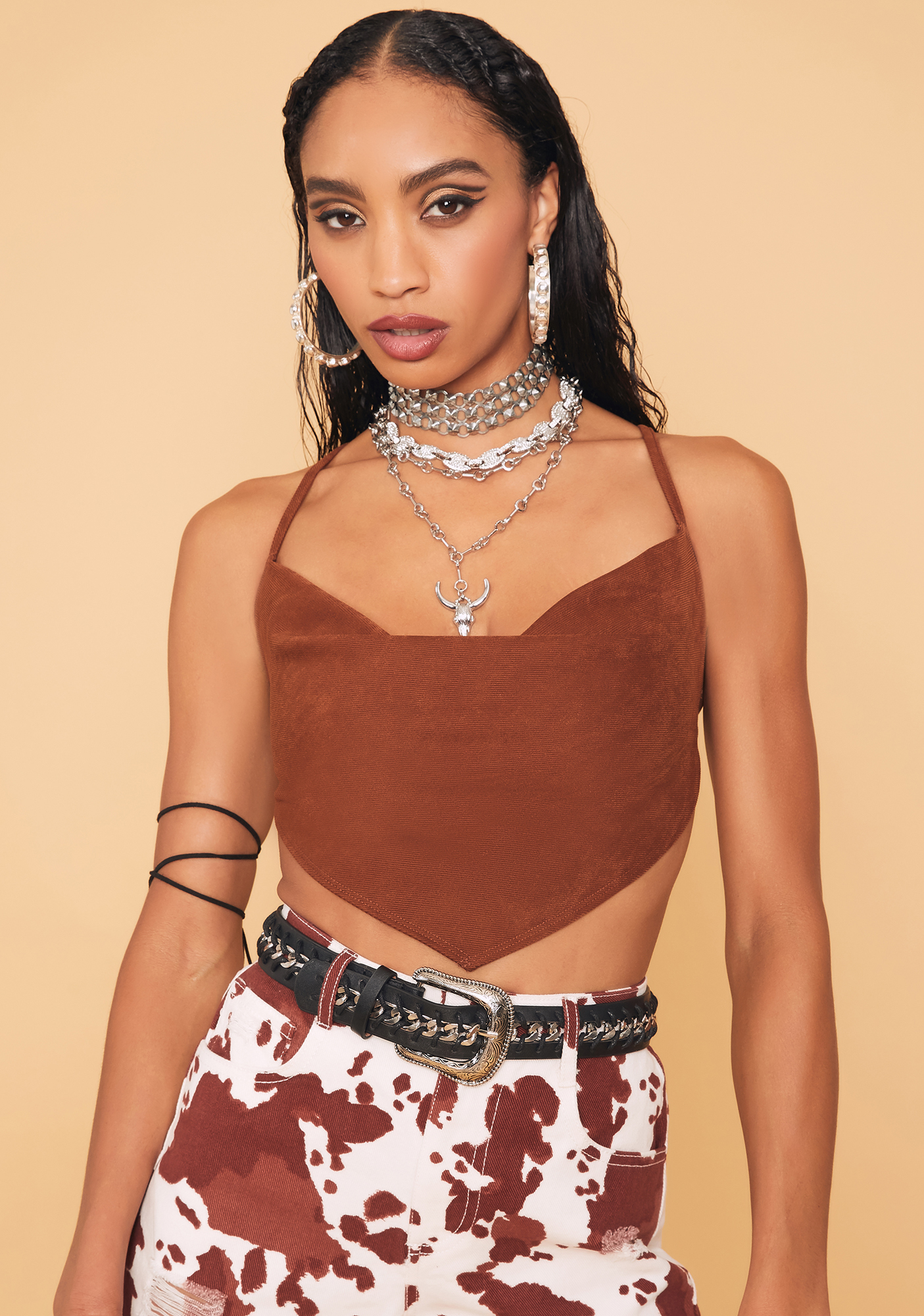 Cowl Neck Scarf Crop Top With Lace Up Back Brown Dolls Kill