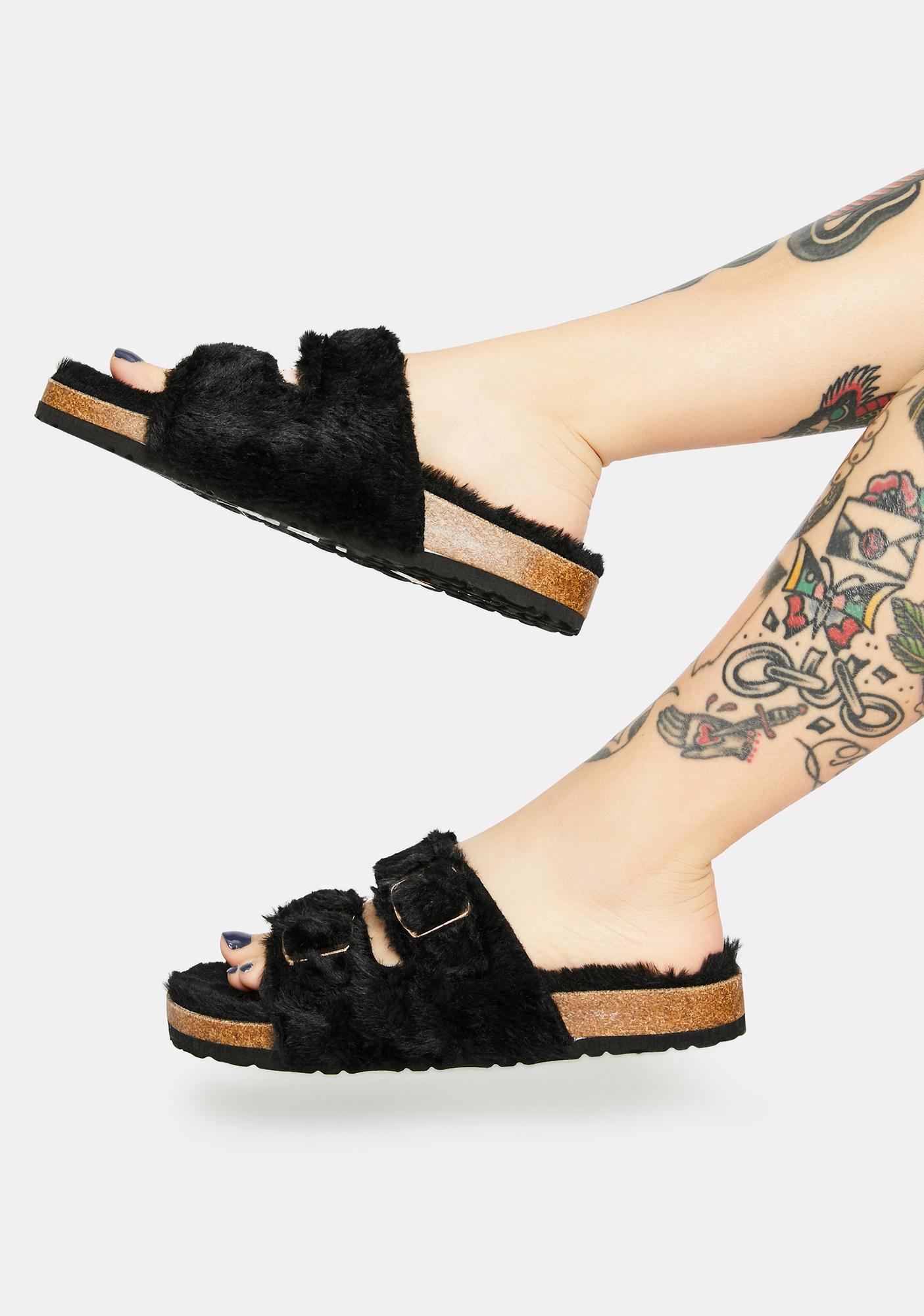 Faux Fur Double Strap Buckle Slides Black | Dolls Kill