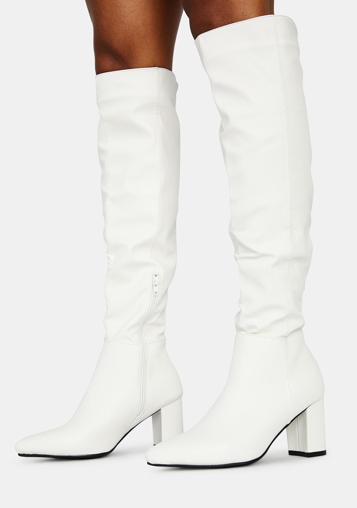 Faux Leather Knee High Heeled Boots - White | Dolls Kill