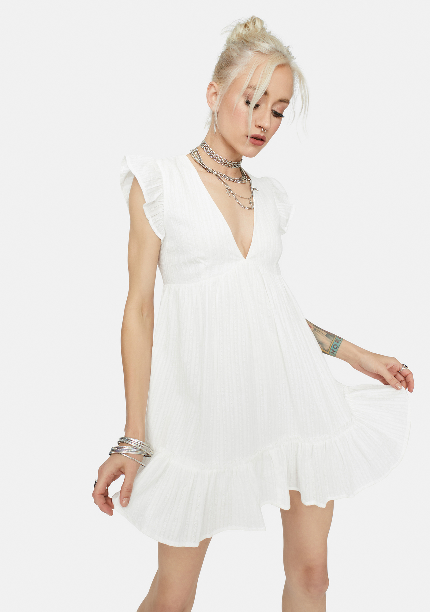 Plunge Neckline Ruffle Babydoll Dress White Dolls Kill