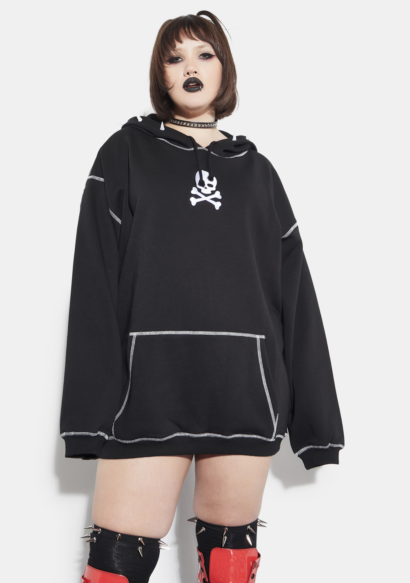 Plus Size Current Mood Skull Spiked Hoodie With Contrast Stitching ...