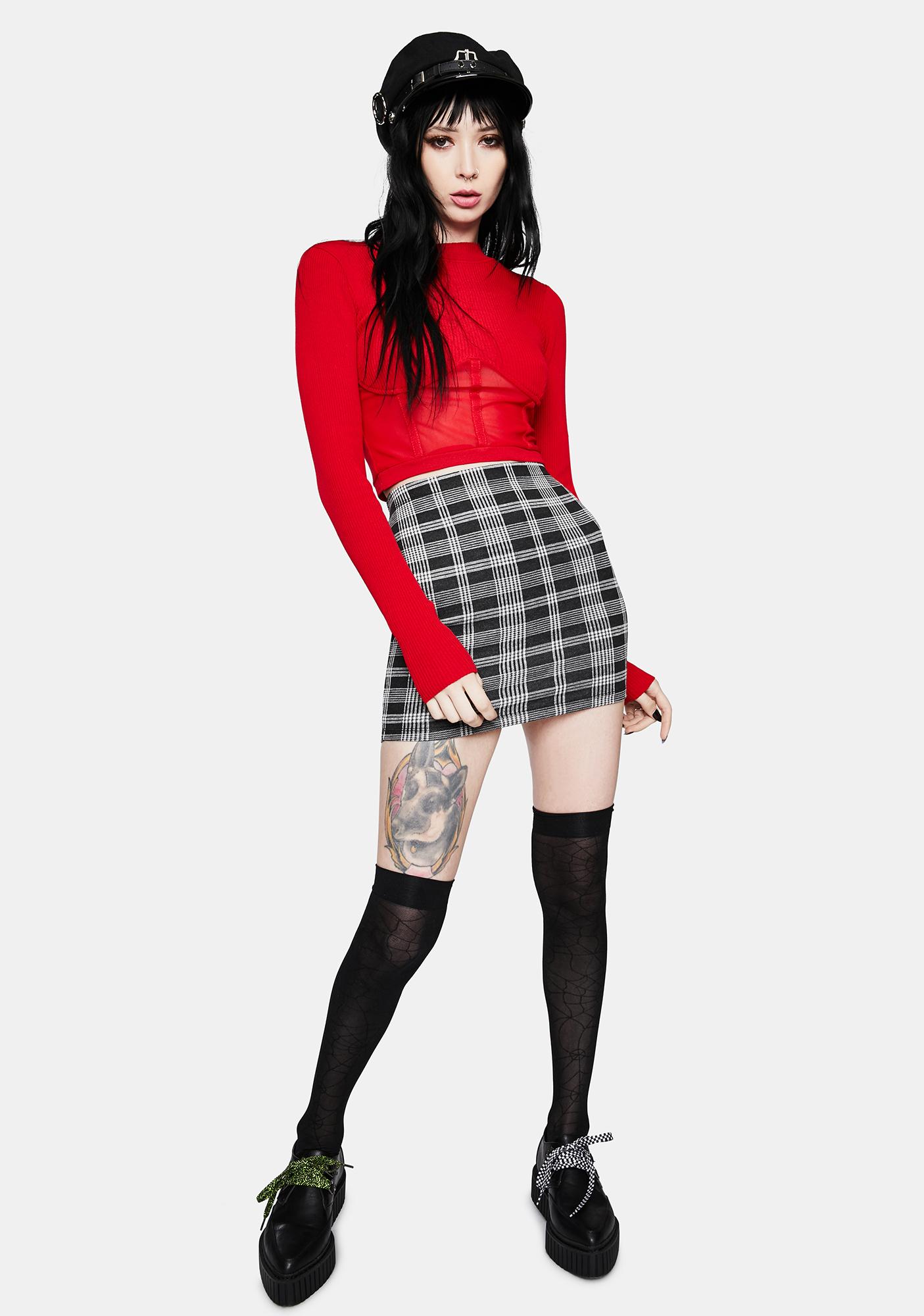 Mesh Paneled Underbust Long Sleeve Top - Red | Dolls Kill