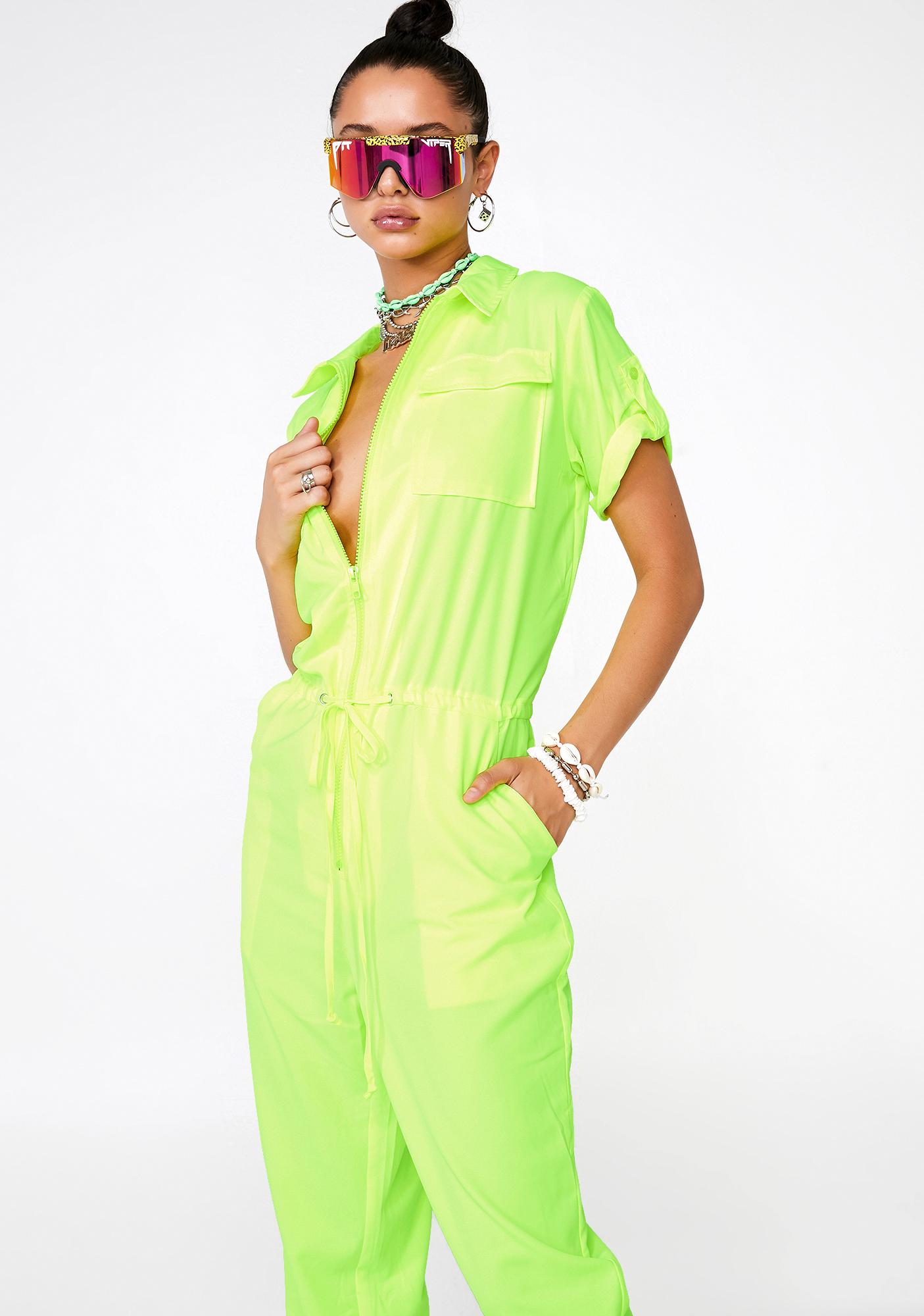 Neon Jumpsuit Cargo Short Sleeve Yellow Dolls Kill