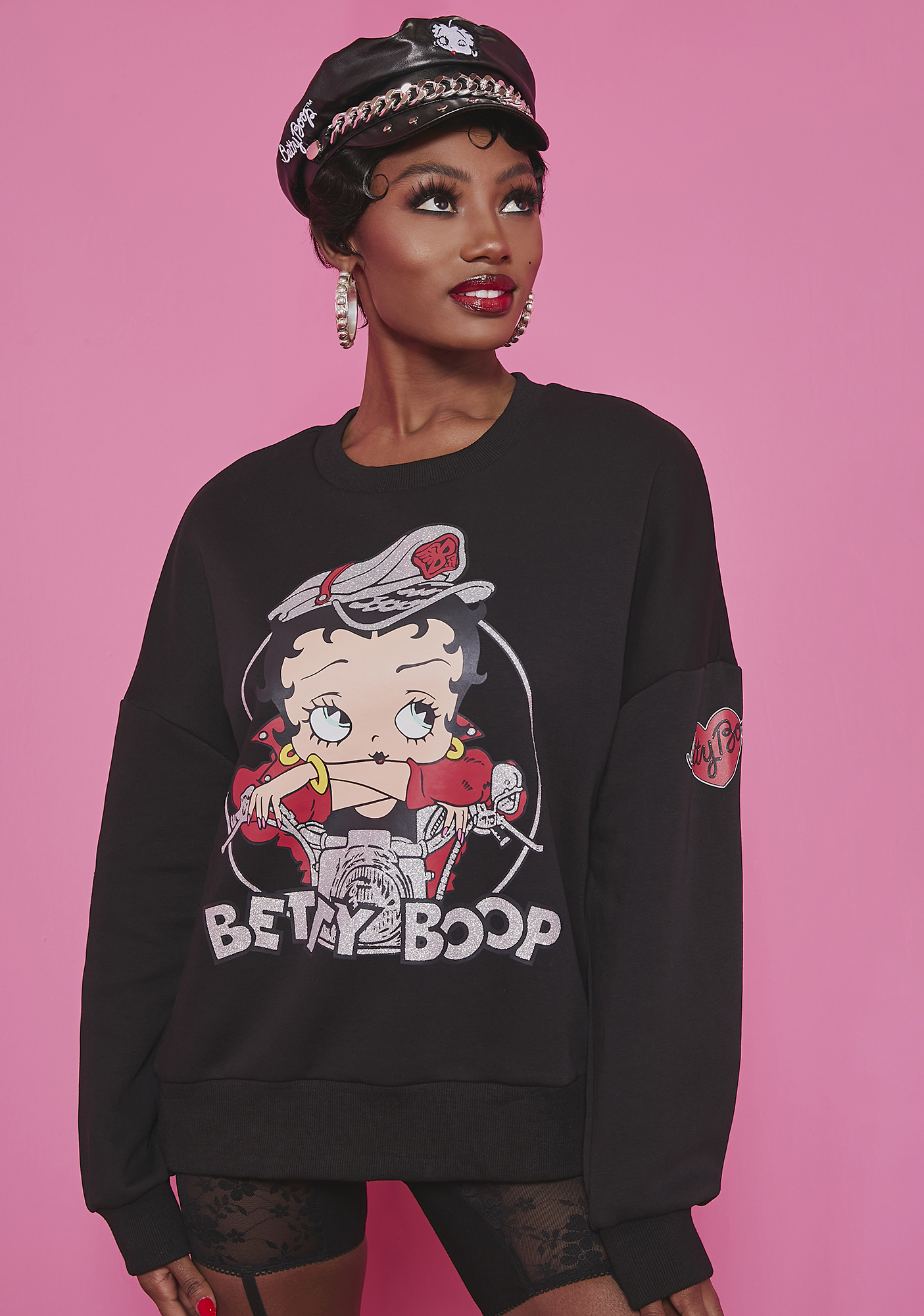 Dolls Kill x Betty Boop Glitter Graphic Oversized Sweatshirt - Black 