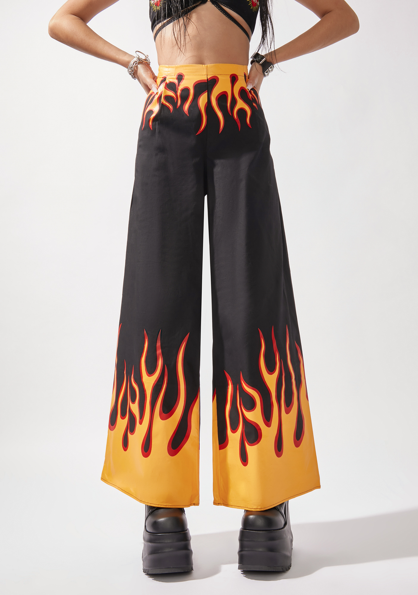 Flame Print Wide Leg Pants - Black | Dolls Kill