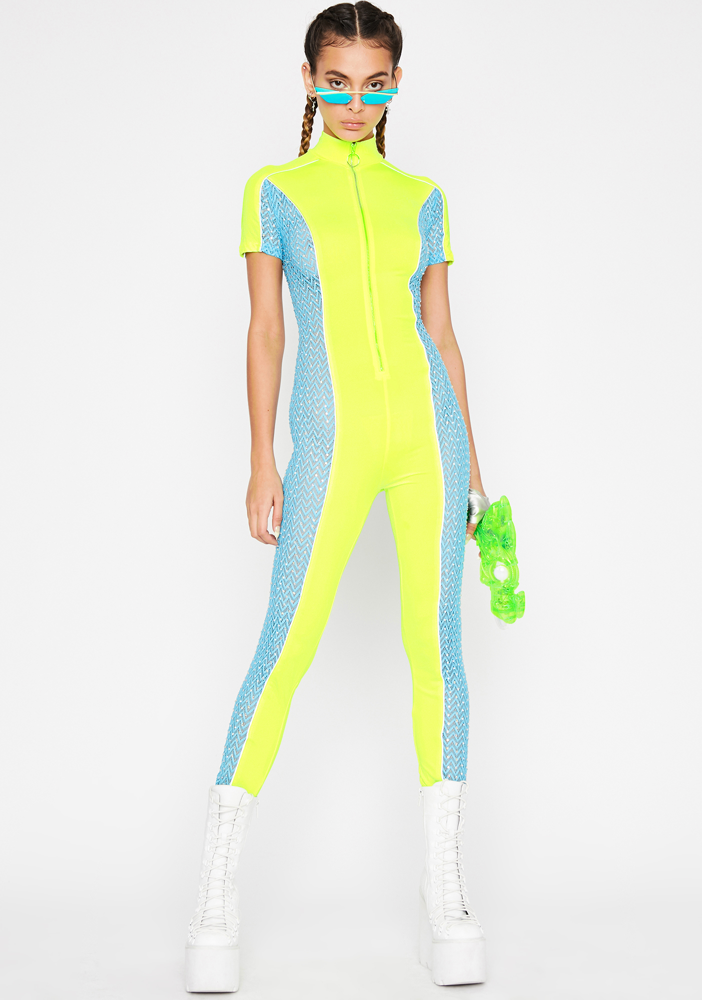 Rhinestone Colorblock Mock Neck Jumpsuit | Dolls Kill