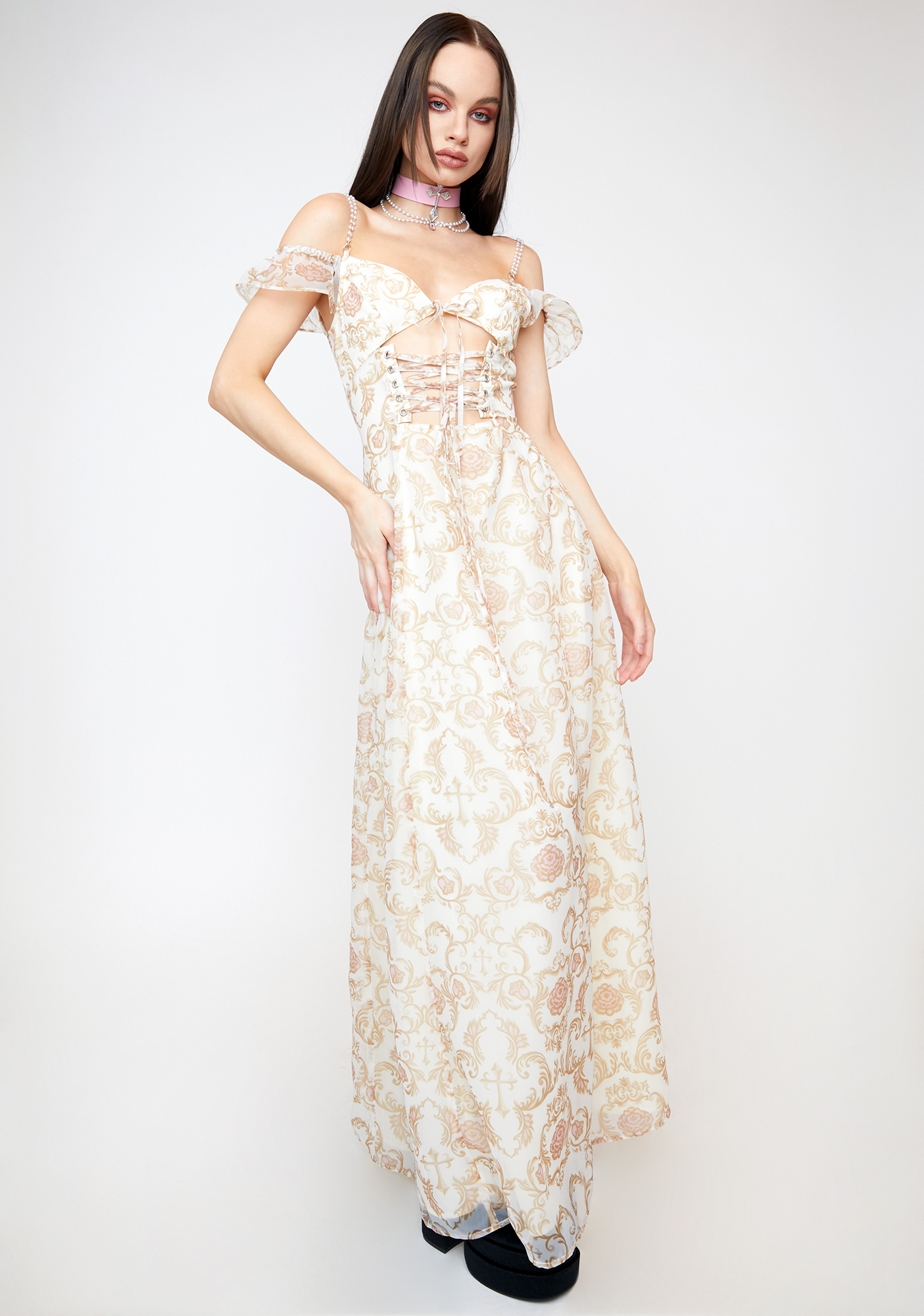 Sugar Thrillz Baroque Print Lace Up Maxi Dress - Gold | Dolls Kill