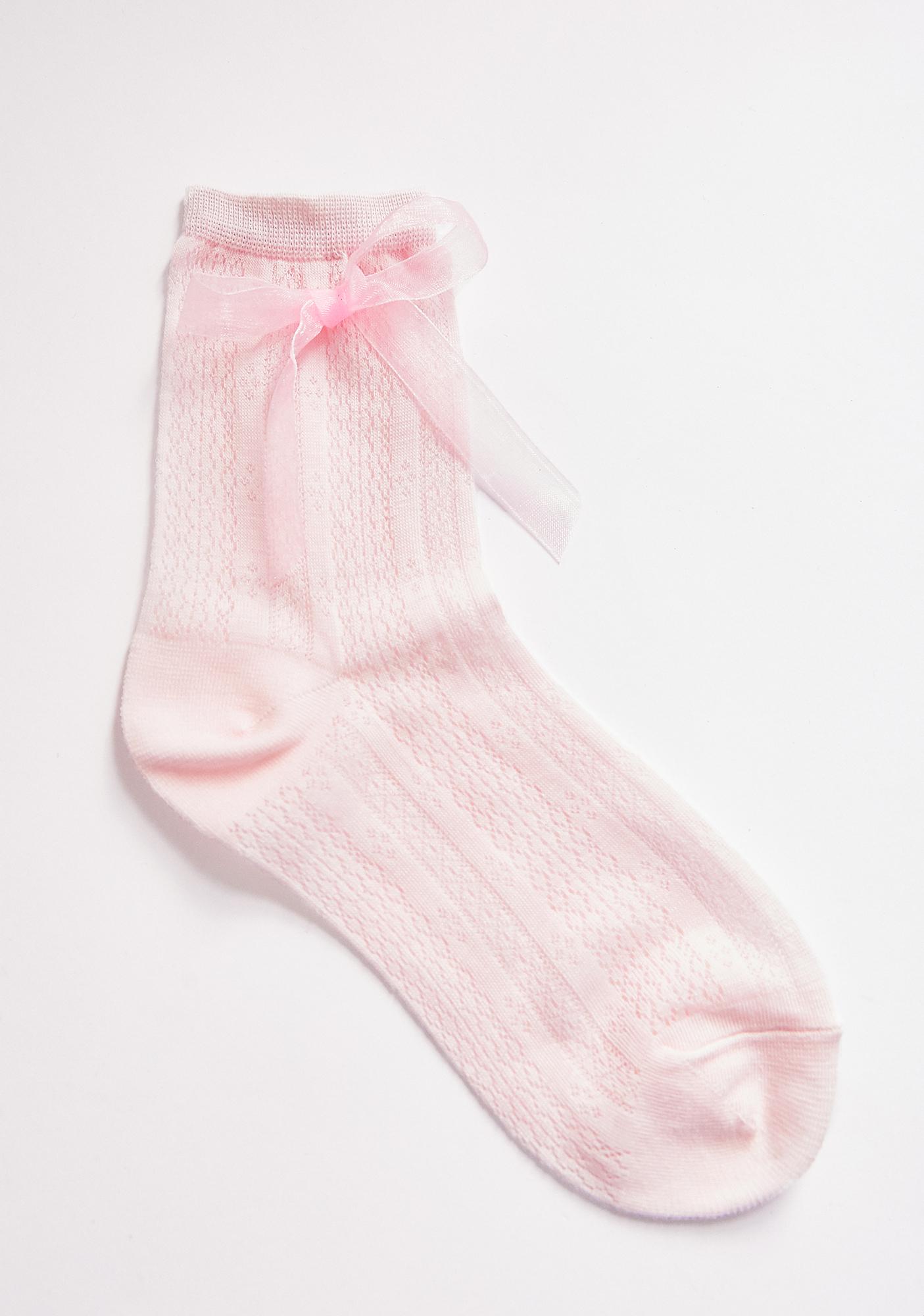 Tulle Bow Knit Crew Socks - Light Pink | Dolls Kill
