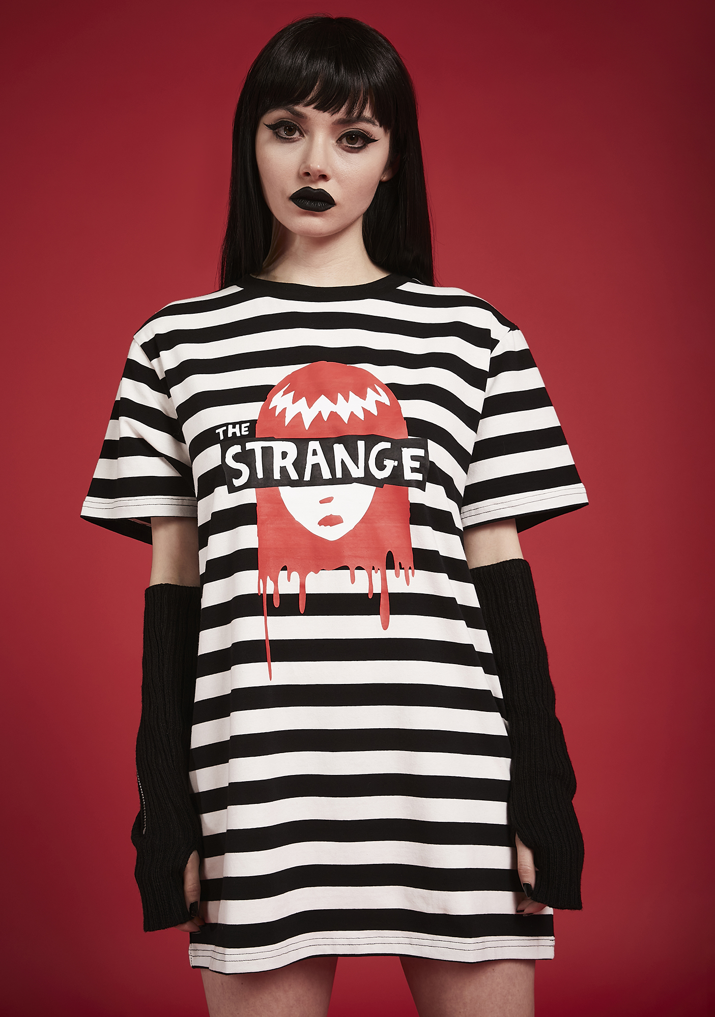 Dolls Kill X Emily The Strange Striped Graphic Tee - Black/White 