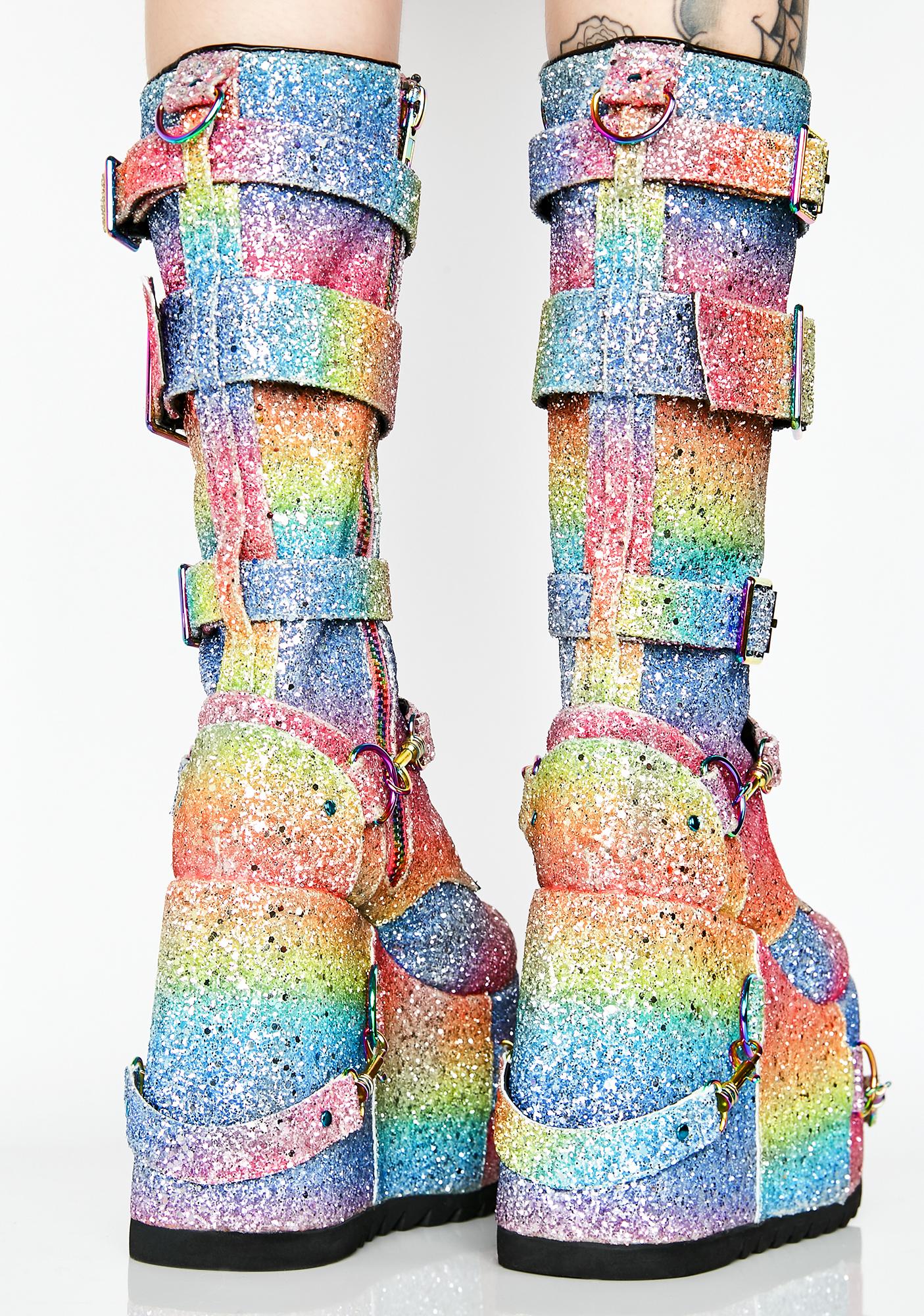 Rainbow Glitter Platform Lace Up Boots 