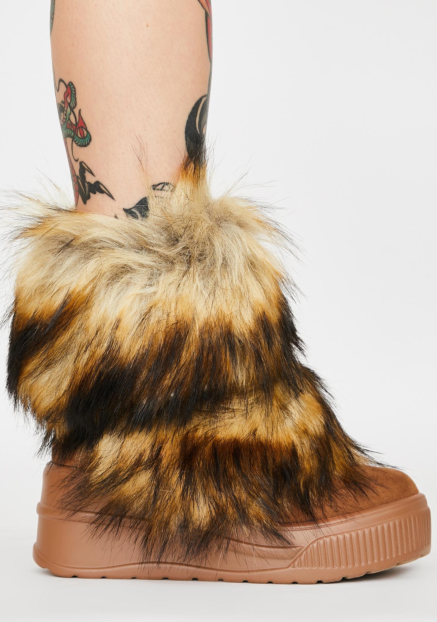 Faux Fur Platform Booties Winter Brown Tan | Dolls Kill