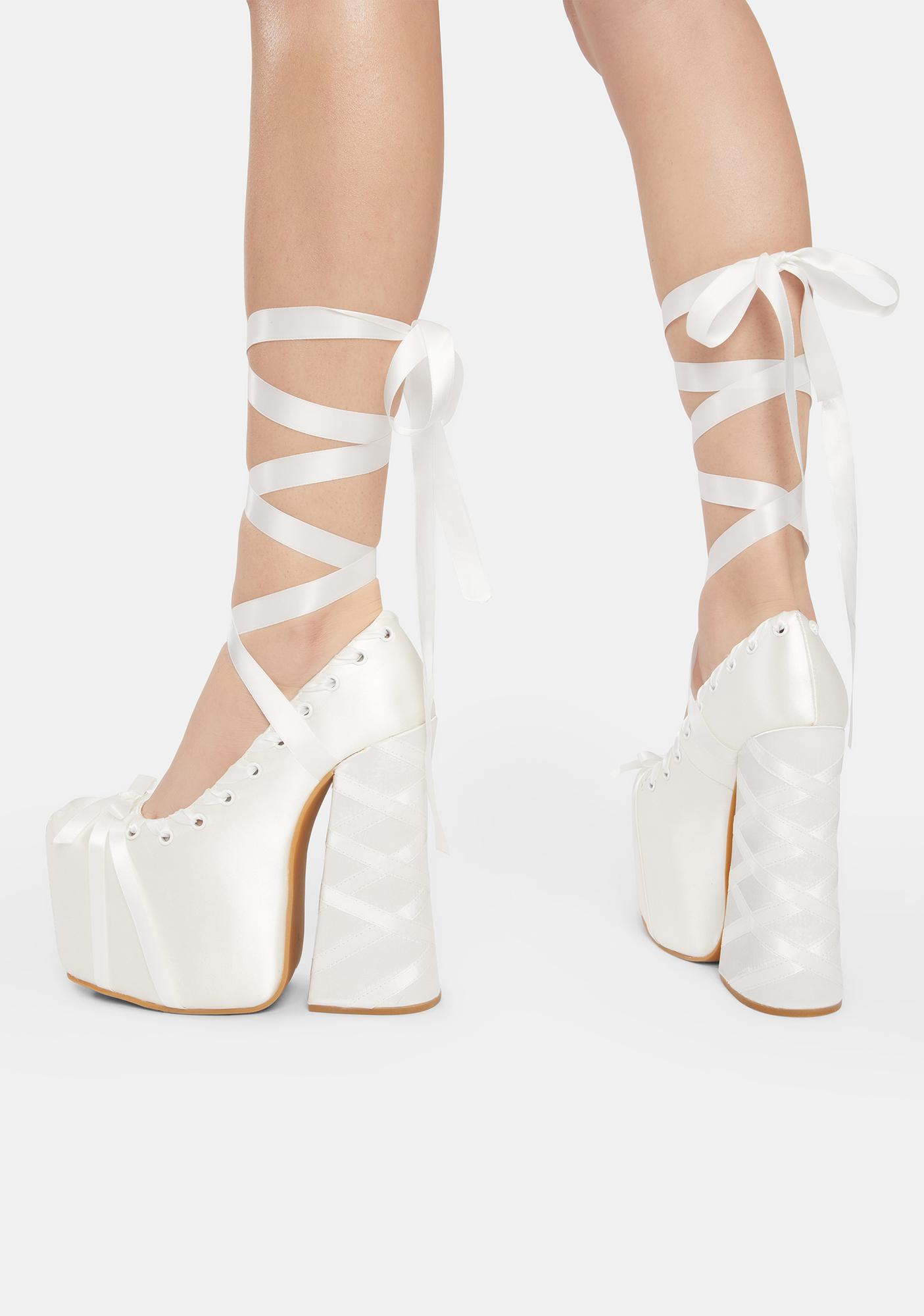 Sugar Thrillz Ribbon Wrap Platform Ballet Heels Ivory Satin Dolls Kill