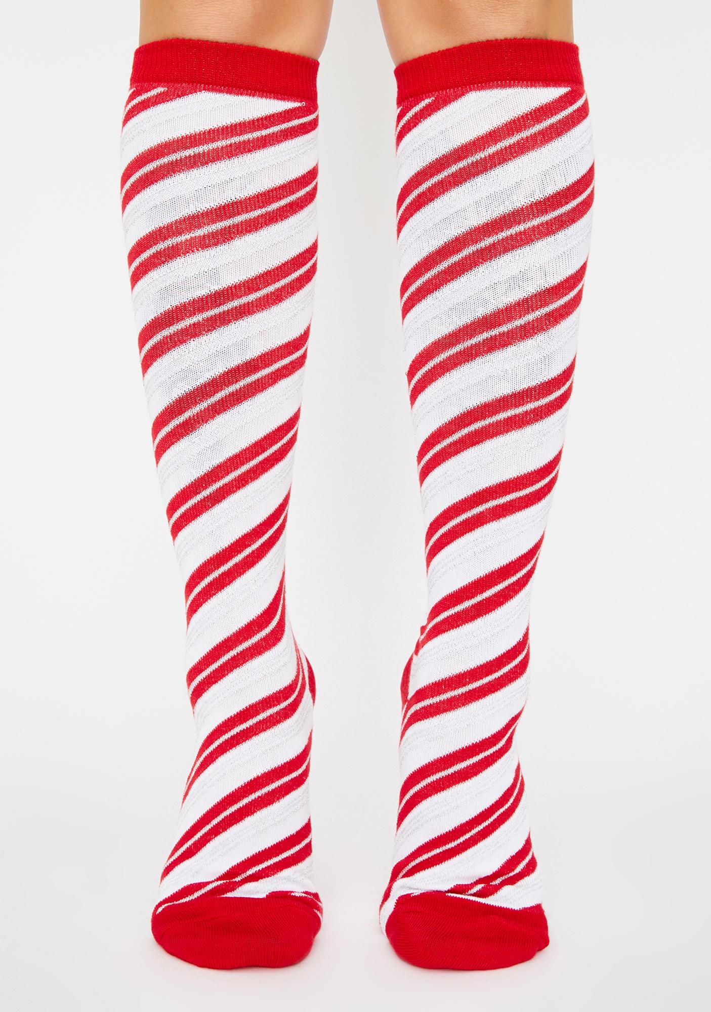 Candy Cane Striped Knee High Socks Red White | Dolls Kill