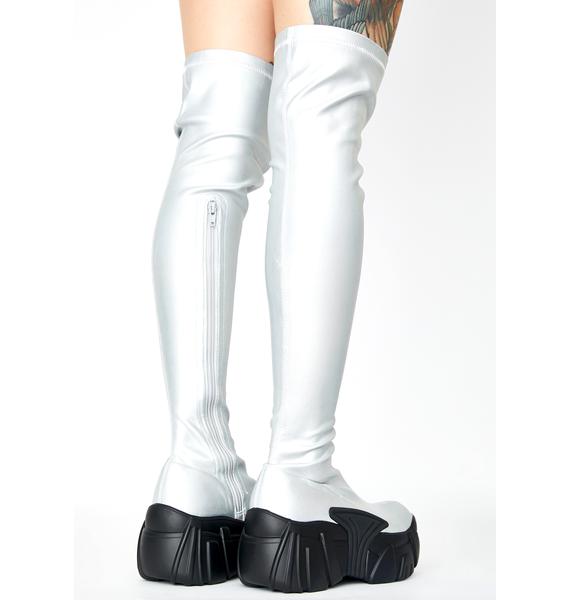 chrome thigh high boots