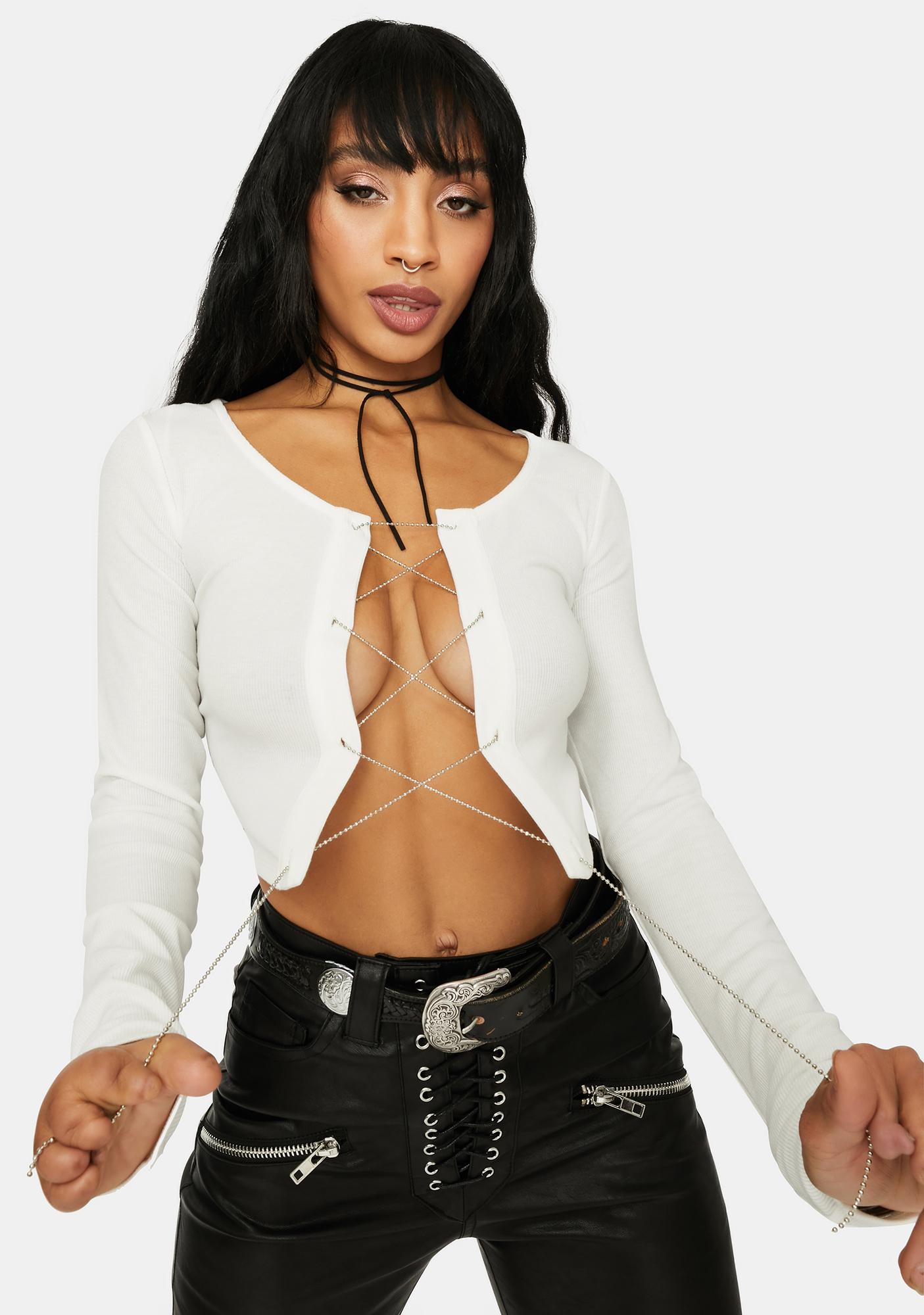 white lace up top long sleeve