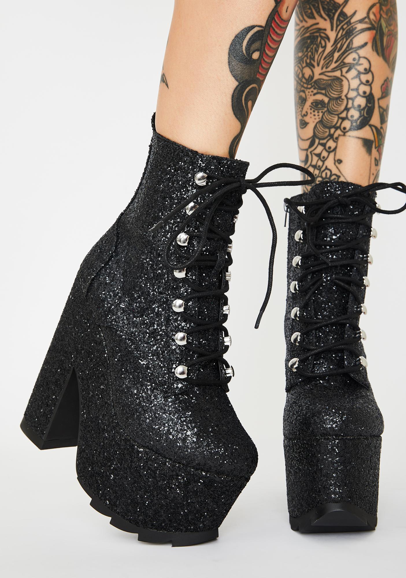 black glitter platform boots