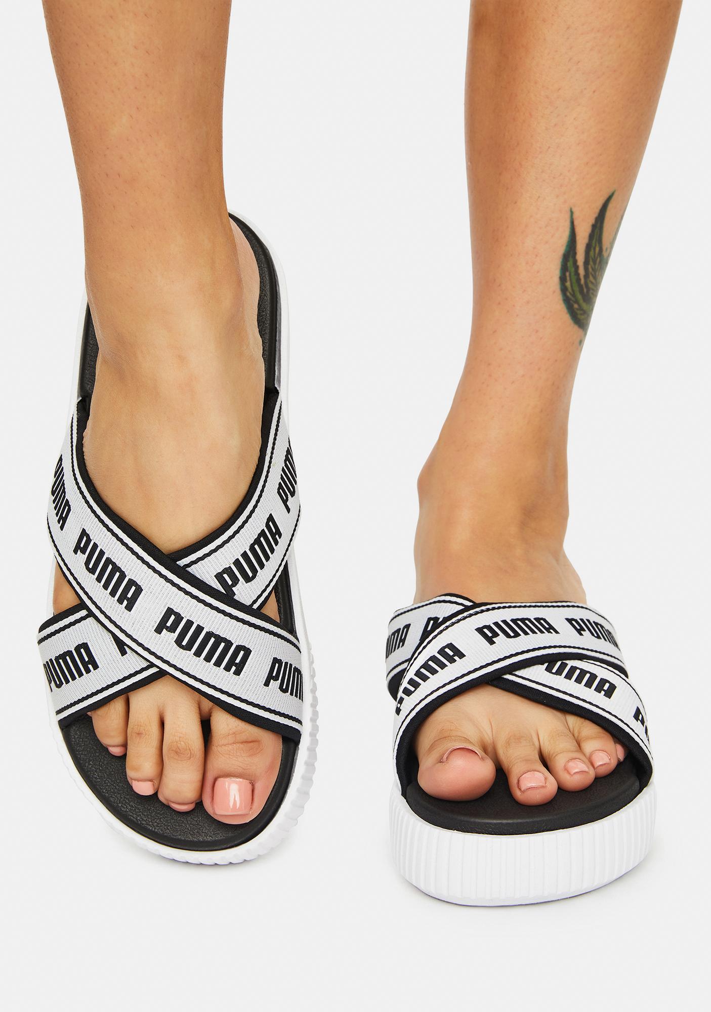 PUMA Black Suede Tape Platform Slide Sandals | Dolls Kill